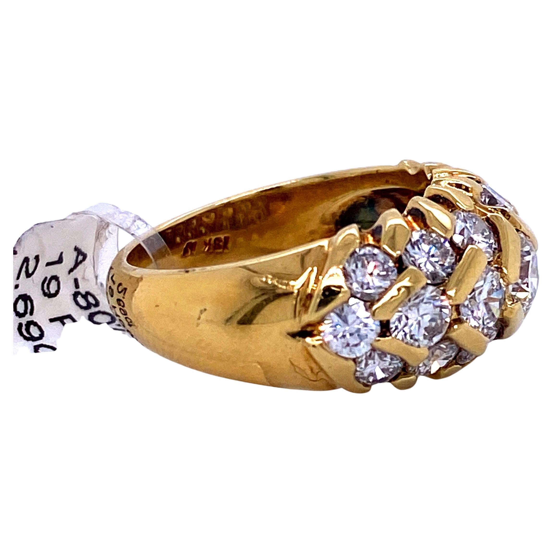 Round Cut Three-Row Diamond Bar Dome Ring 2.09 Carat 18 Karat Yellow Gold For Sale