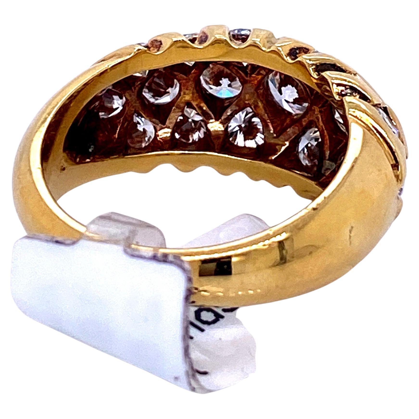 18K Yellow gold dome ring featuring 19 round brilliants weighing 2.09 carats. 
Average Stone: 0.11 PTS
Color G
Clarity SI

Size 6.25
Sizeable free of charge. 