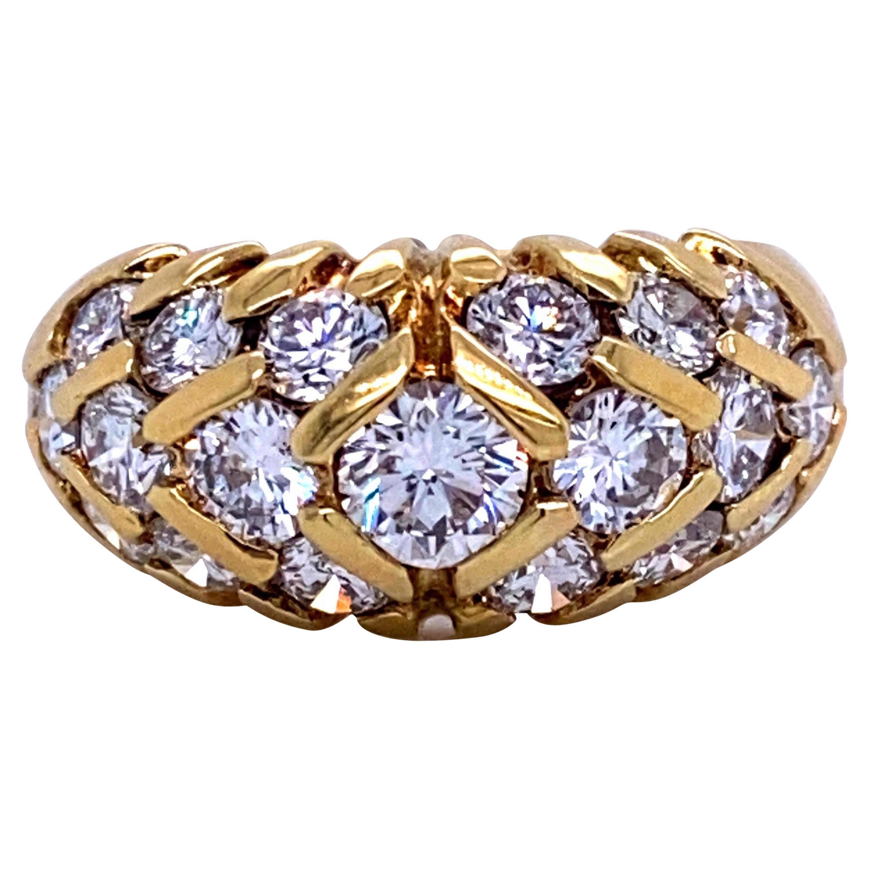 Three-Row Diamond Bar Dome Ring 2.09 Carat 18 Karat Yellow Gold