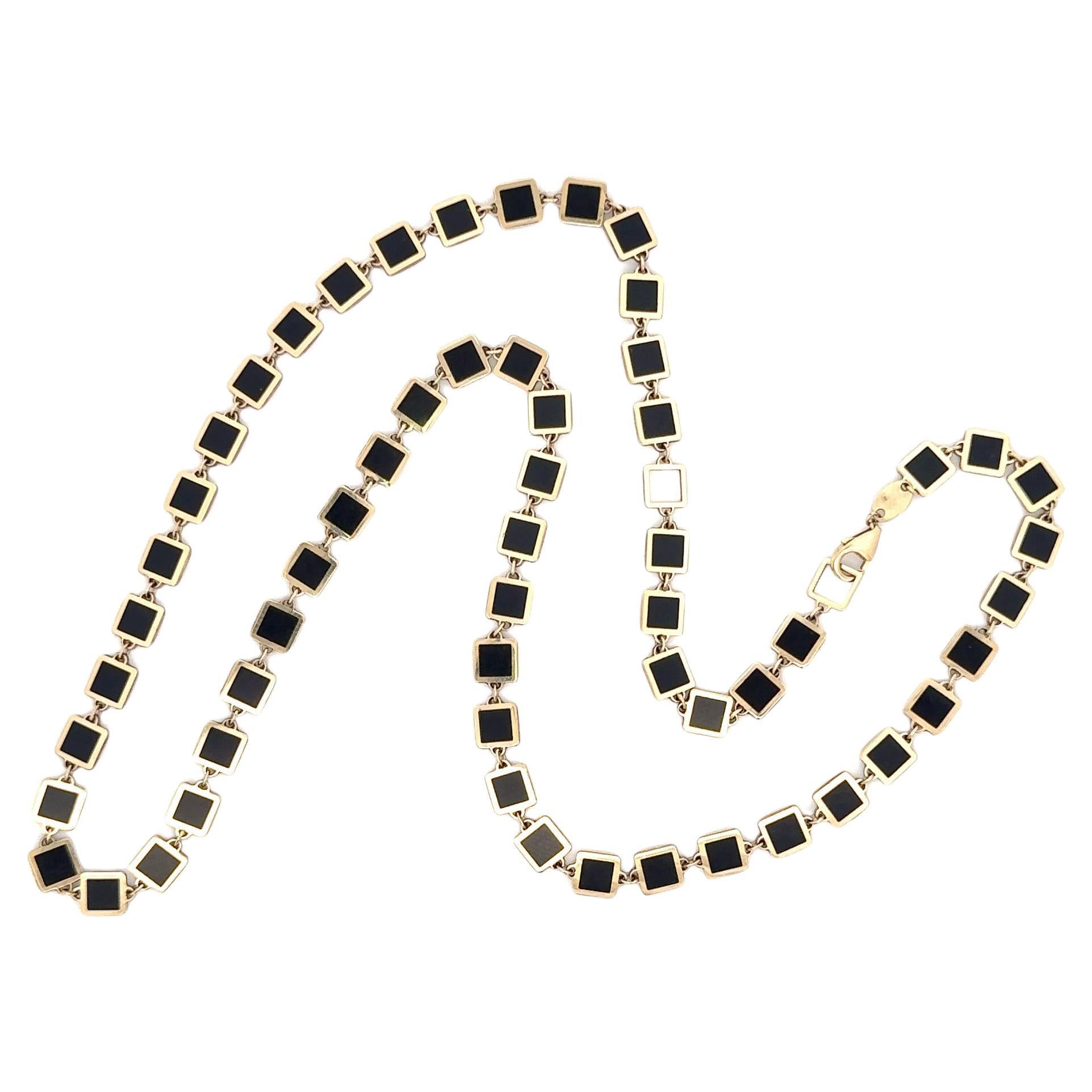 Italienische Onyx Gold Trim Quadratische Verstellbare Halskette 14 Karat Gelbgold