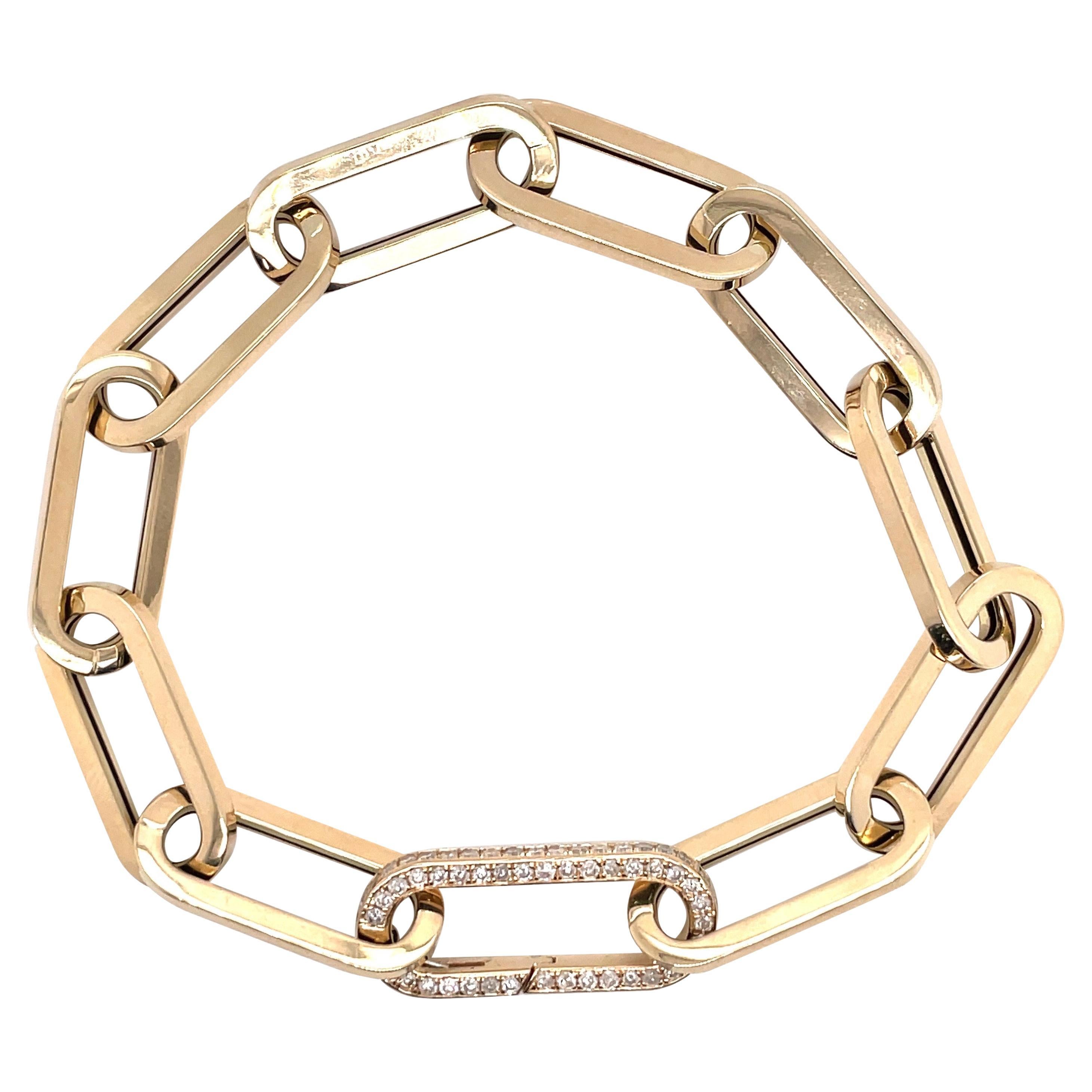 Bracelet italien à maillons ronds en or jaune 14 carats avec fermoir en diamants