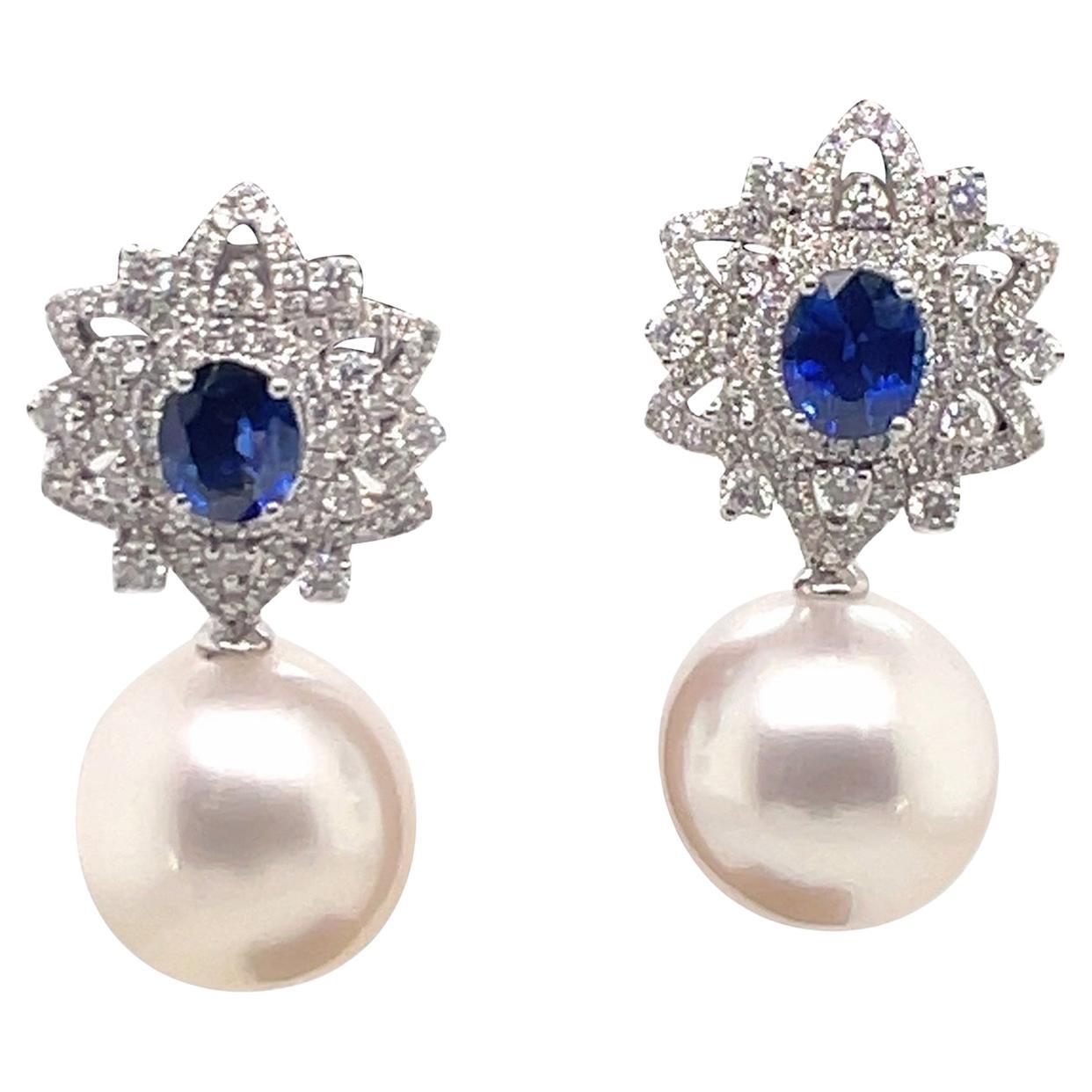 18 Karat White Gold Sapphire Diamond Floral Drop Day & Night Earring 2.45 Carats