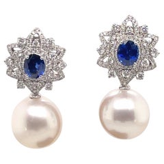Boucles d'oreilles pendantes jour et nuit en or blanc 18 carats avec saphirs et diamants en forme de fleur de 2,45 carats