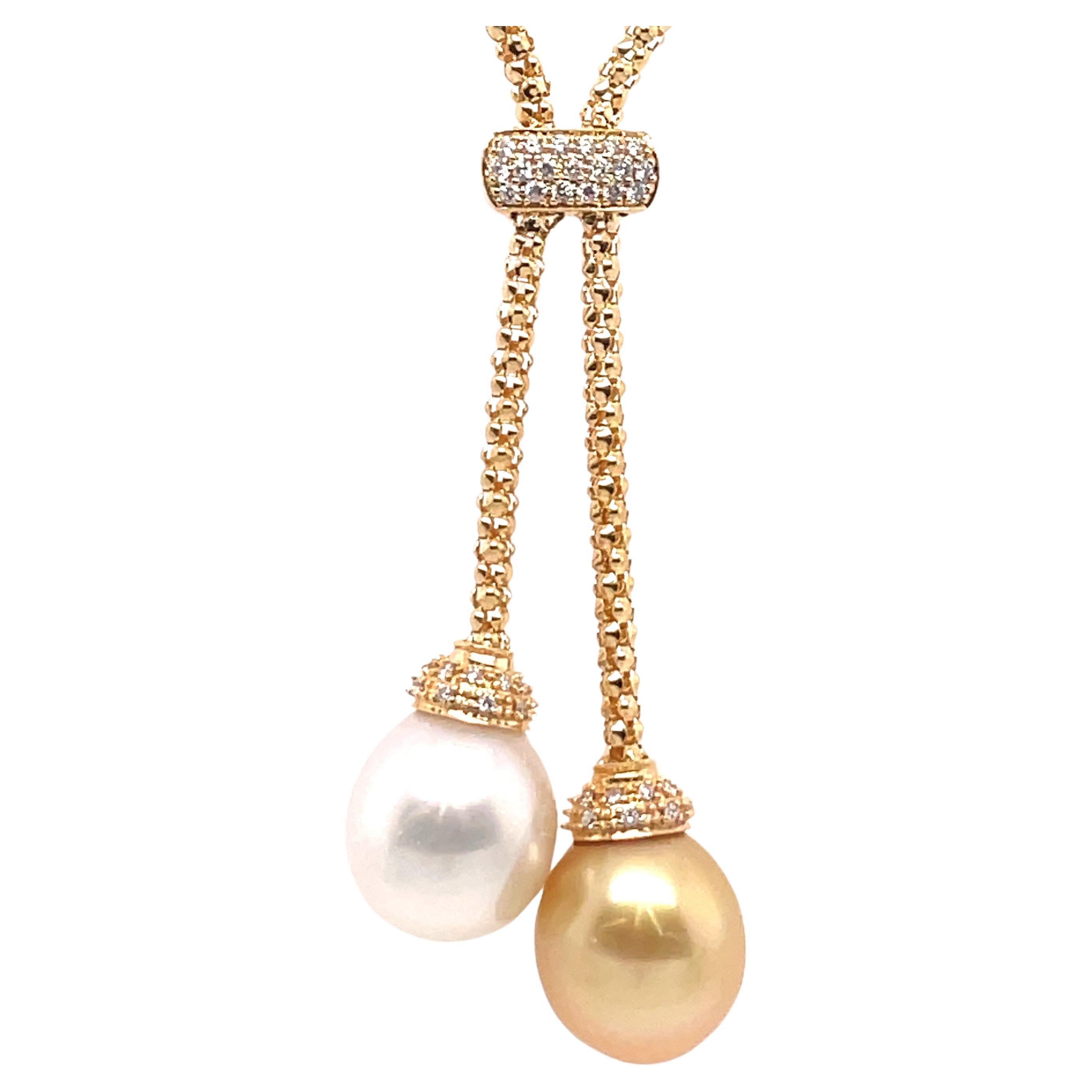 Round Cut 18 Karat Yellow Gold South Sea Pearl Diamond Tassel Necklace 0.27 Carats For Sale