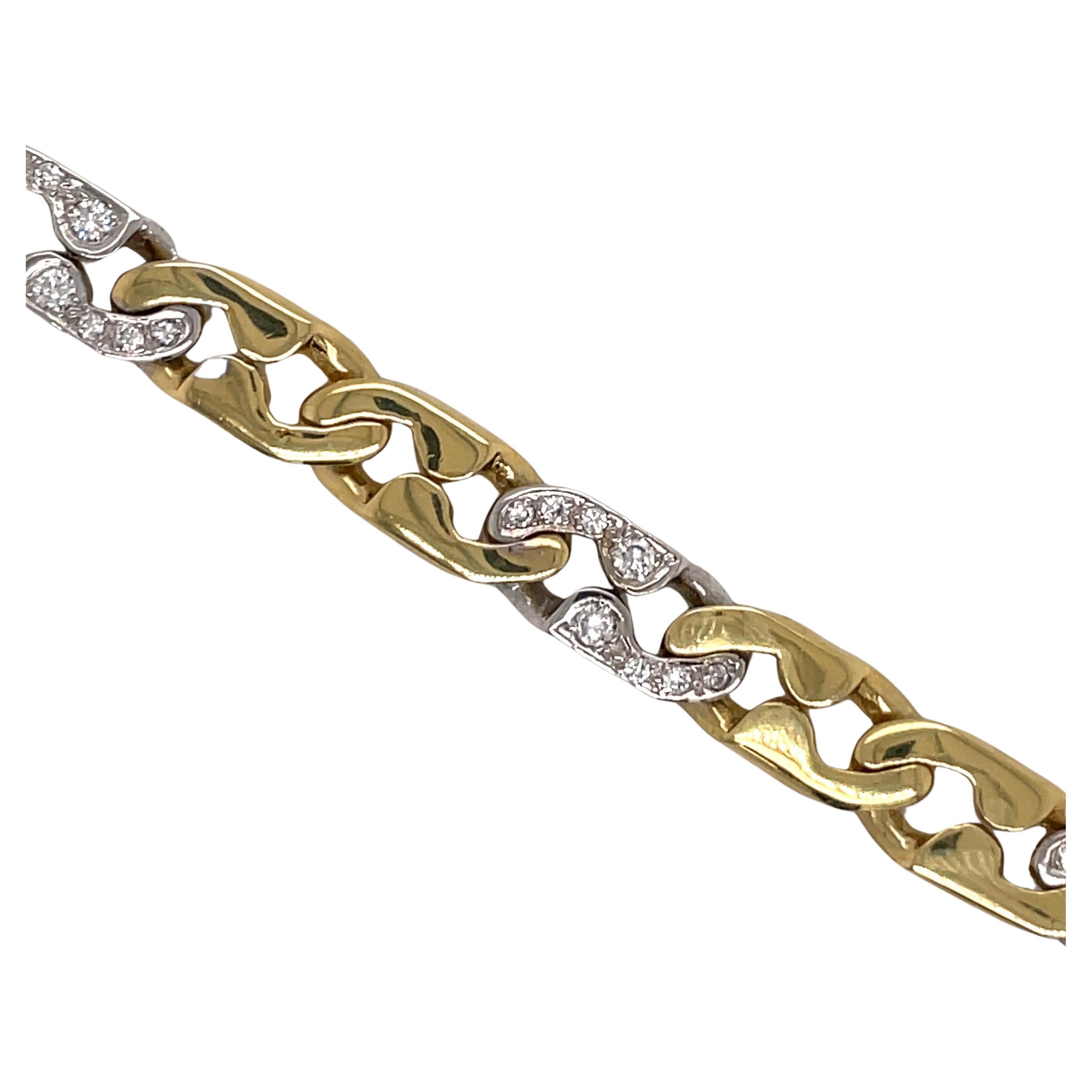Round Cut 18 Karat Two Tone Yellow White Gold Diamond Link Bracelet 0.60 Carats 25 Grams For Sale