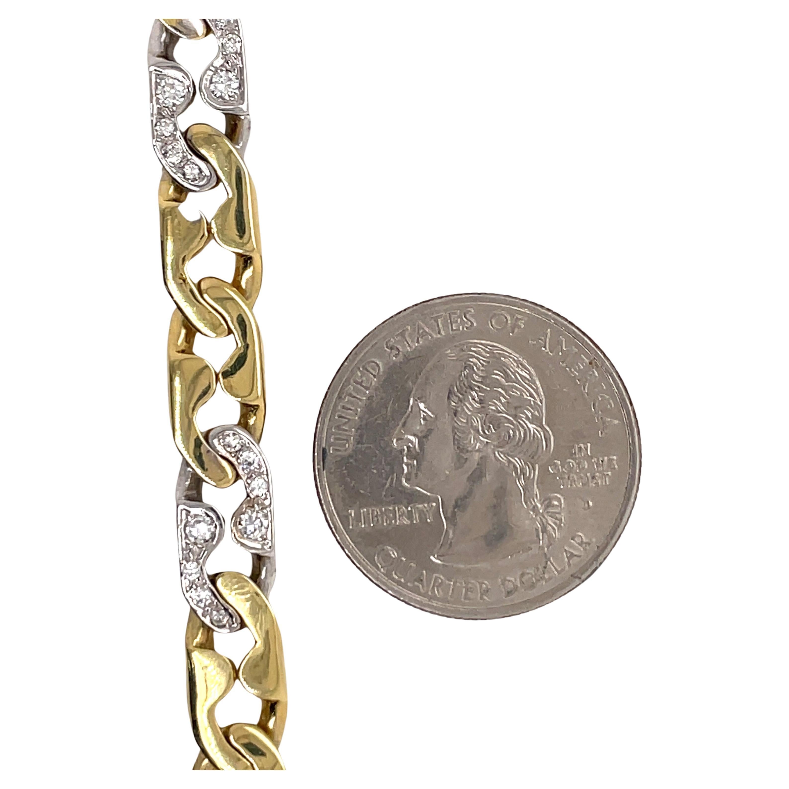 Contemporary 18 Karat Two Tone Yellow White Gold Diamond Link Bracelet 0.60 Carats 25 Grams For Sale