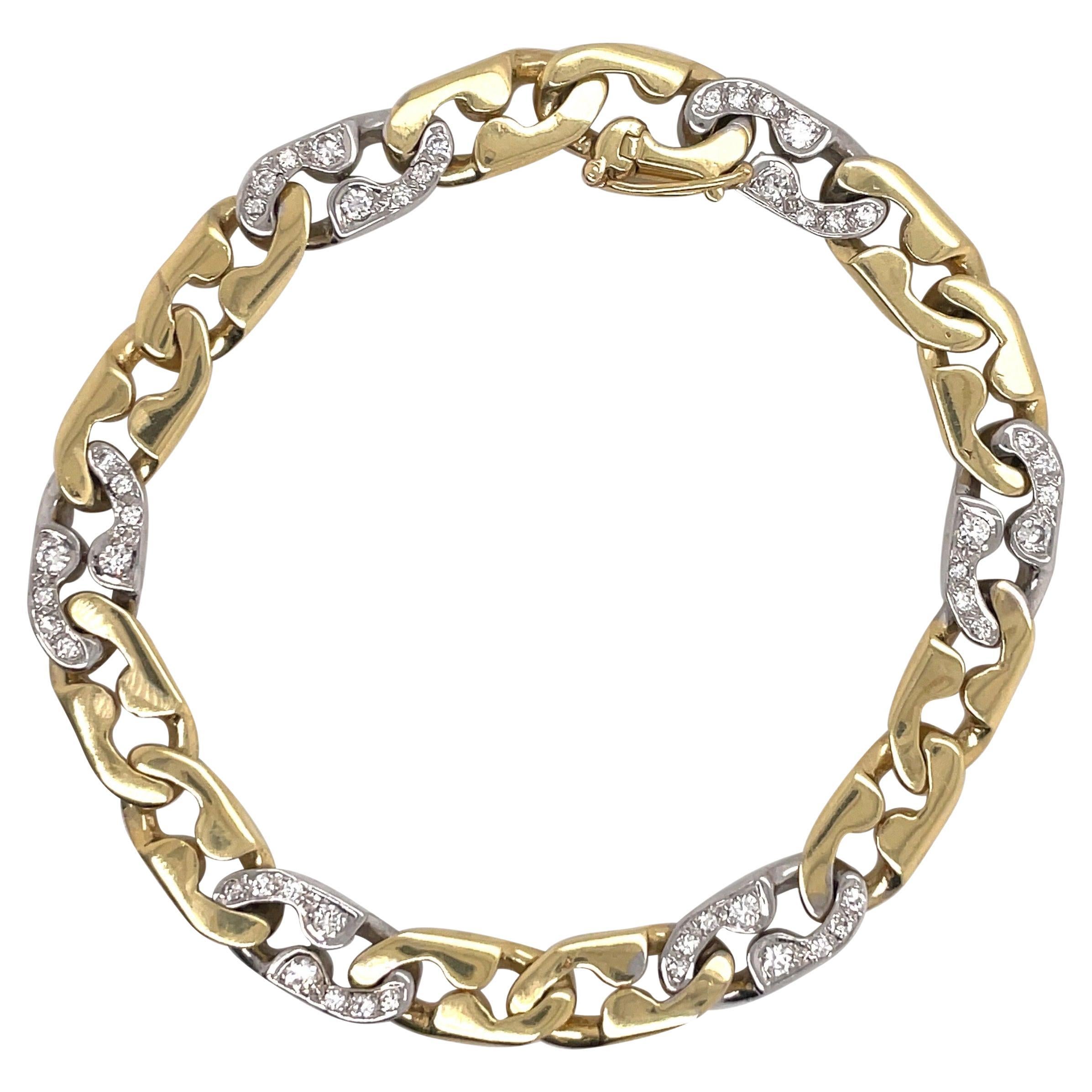 18 Karat Two Tone Yellow White Gold Diamond Link Bracelet 0.60 Carats 25 Grams For Sale