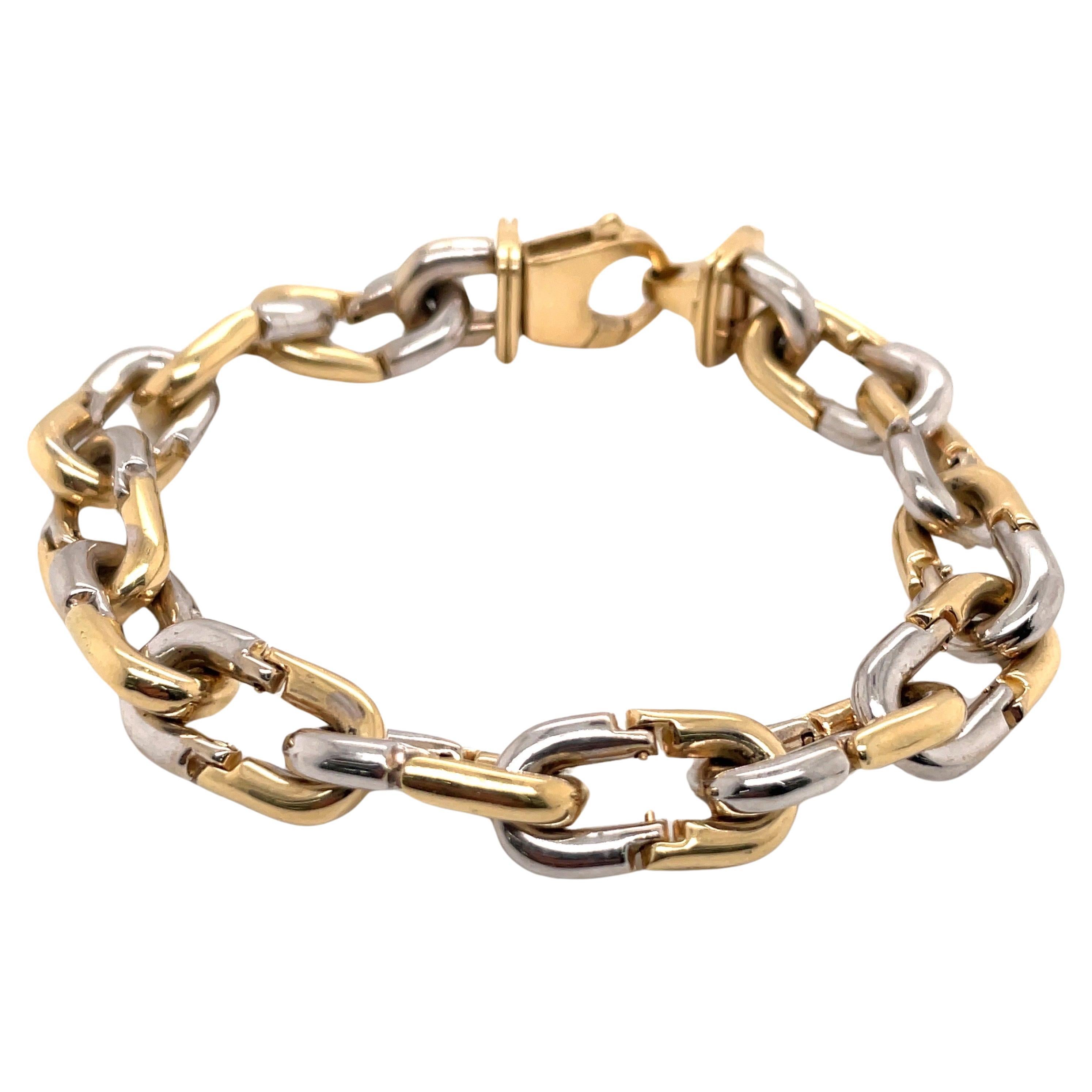 Contemporary Two-Tone 14 Karat Yellow & White Gold Link Bracelet 27.4 Grams Made in Italy