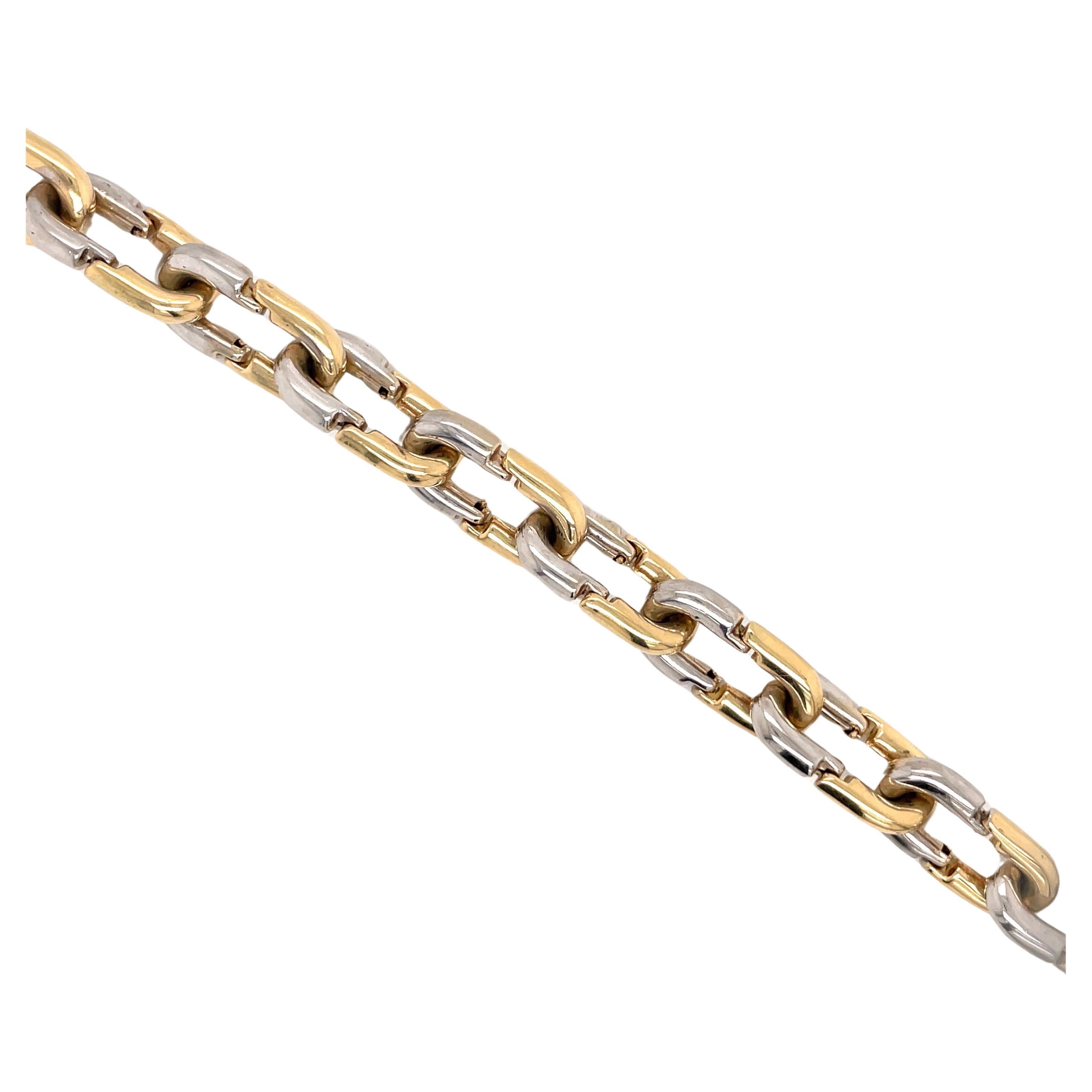 14 Karat Yellow & White gold two tone bracelet featuring 14 flexible links weighing 27.4 grams. Made in Italy.
Great for stacking.
More Link Bracelets Available. 