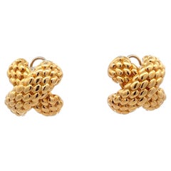18 Karat Yellow Gold 'X' Design Textured Earrings 11 Grams Italy