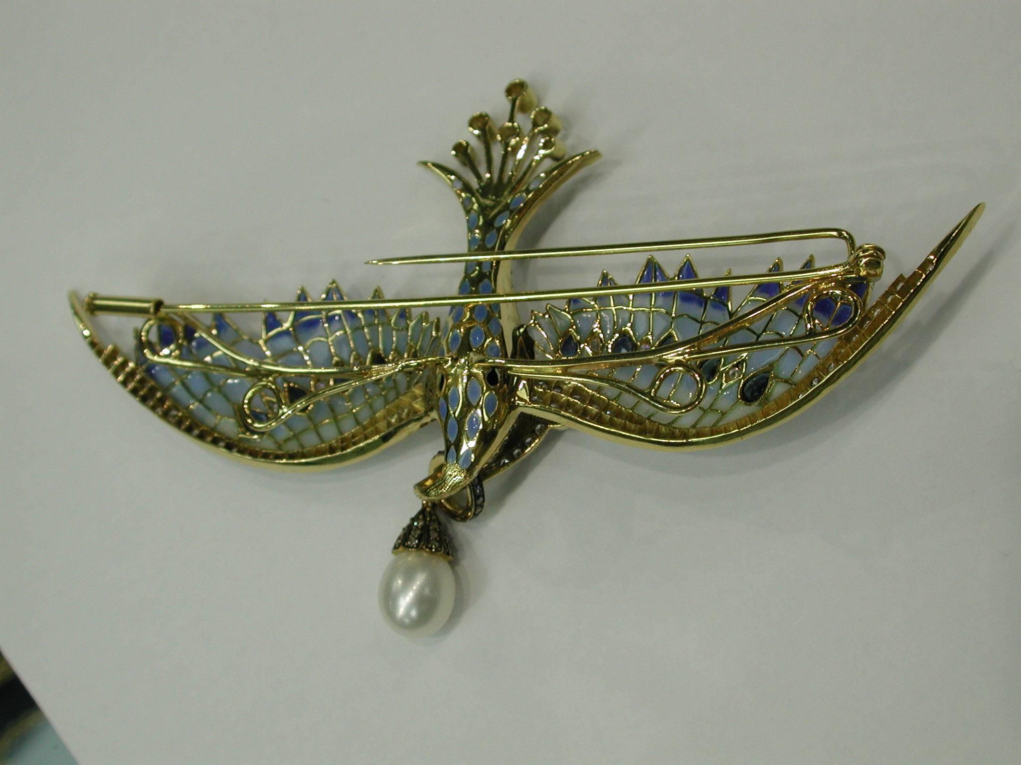 Plique-a-Jour Bird Brooch by Prince Diamond For Sale 2