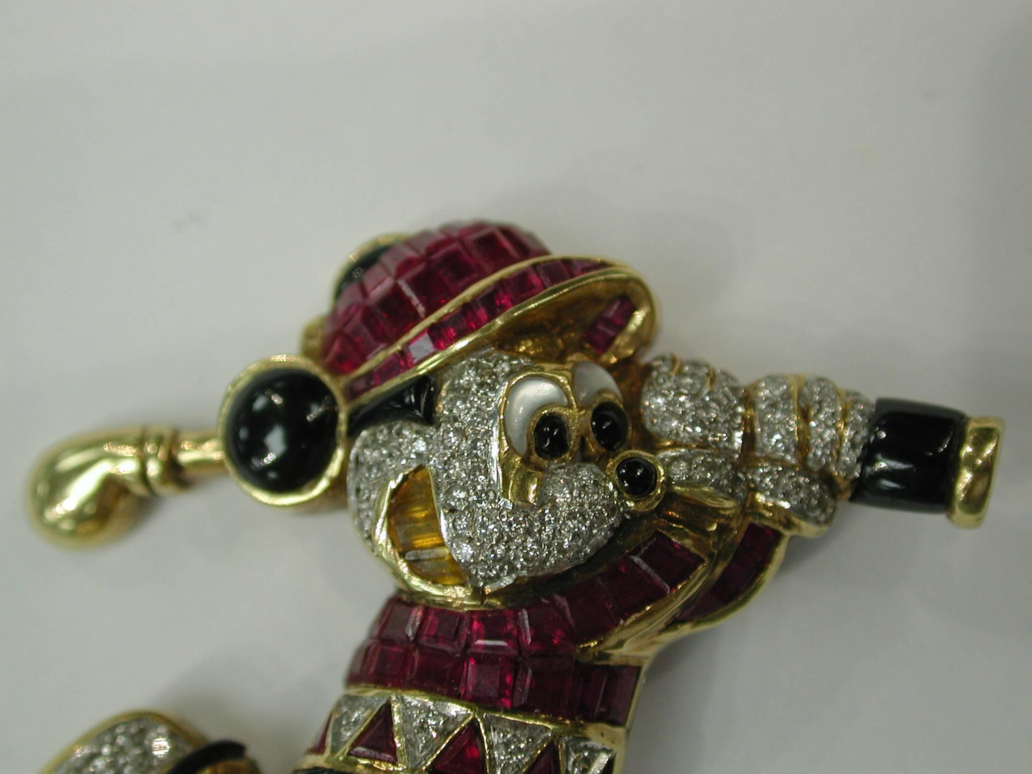 Invisible Set Ruby Sapphire Diamond Gold Mickey Mouse Brooch 7.15 Carat In Excellent Condition In New York, NY
