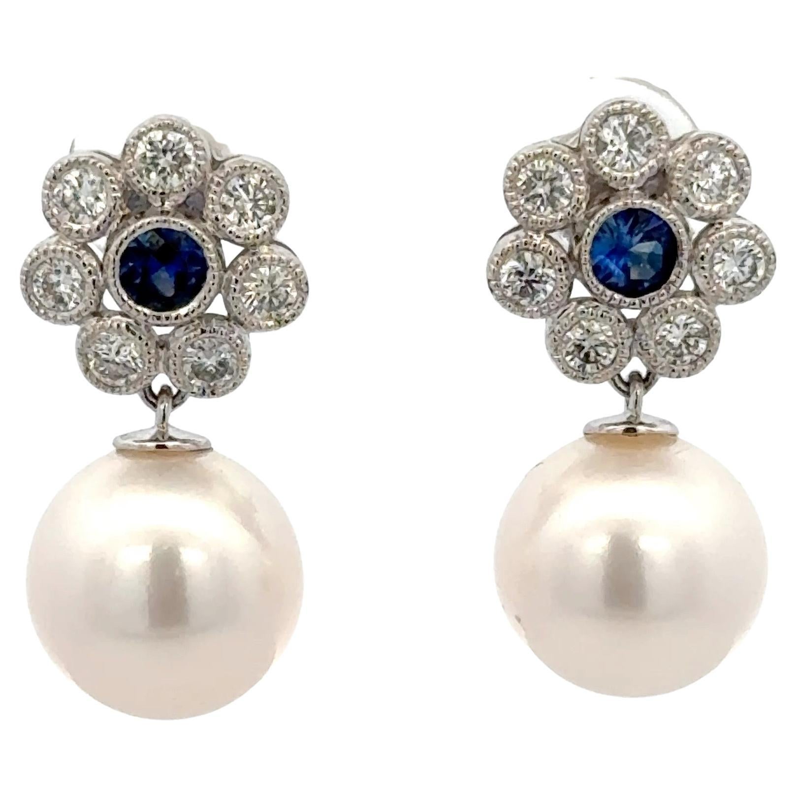 Pendientes de Diamante Zafiro Perla de Agua Dulce 1.10 CTTW Oro 14KT 10-11 MM