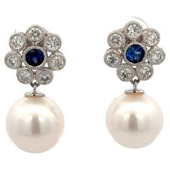 Boucles d'oreilles pendantes diamant saphir perle d'eau douce 1.10 CTTW 14KT Gold 10-11 MM
