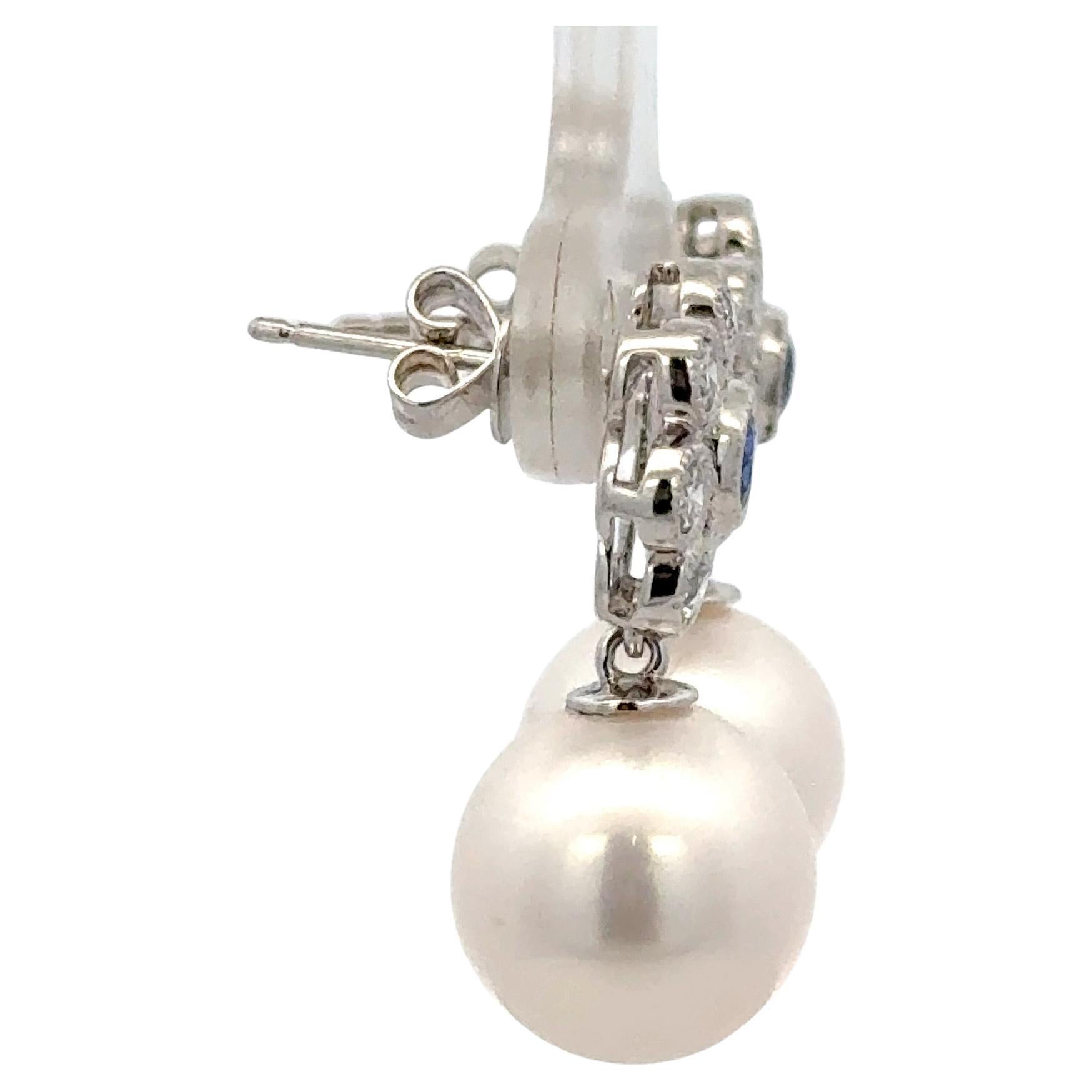 Diamond Sapphire Freshwater Pearl Drop Earrings 1.10 CTTW 14KT Gold 10-11 MM For Sale 2
