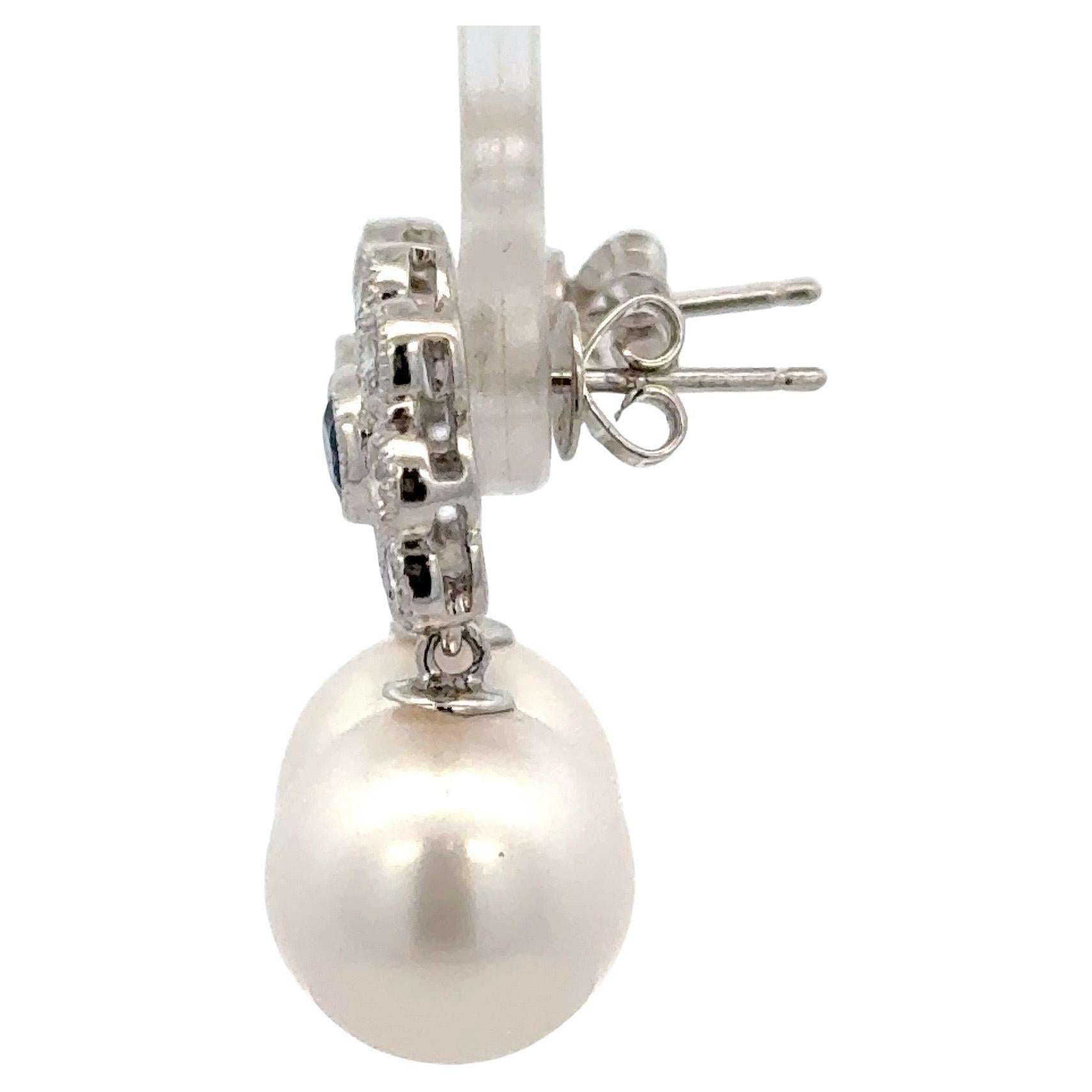 Diamond Sapphire Freshwater Pearl Drop Earrings 1.10 CTTW 14KT Gold 10-11 MM For Sale 3