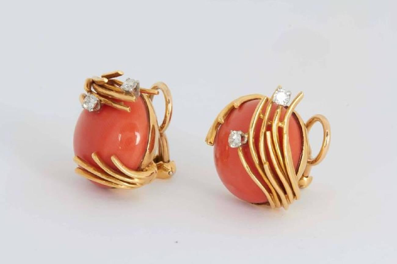 Women's Coral Diamond Gold Earrings  For Sale