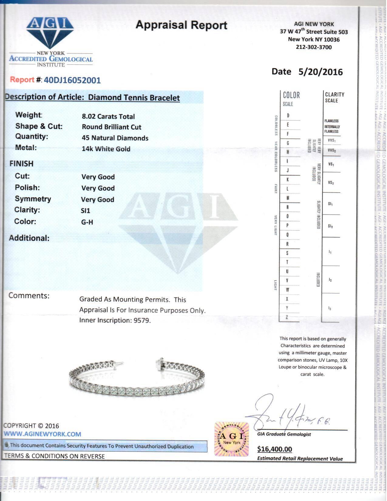 Round Cut 8.00 Carat Diamonds Tennis Bracelet