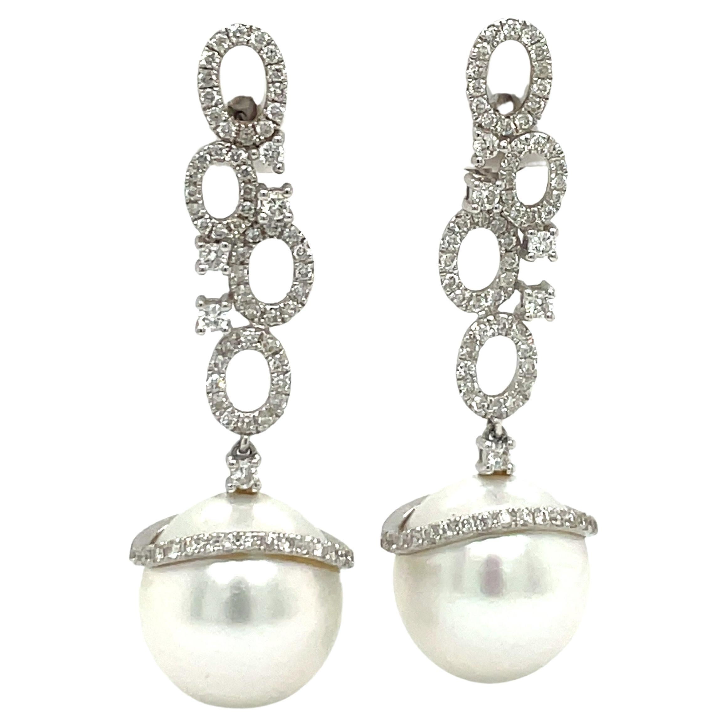 South Sea Pearl Diamond Drop Earrings 0.97 Carats 18 Karat White Gold For Sale
