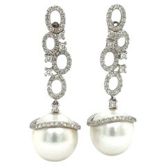South Sea Pearl Diamond Drop Earrings 0.97 Carats 18 Karat White Gold