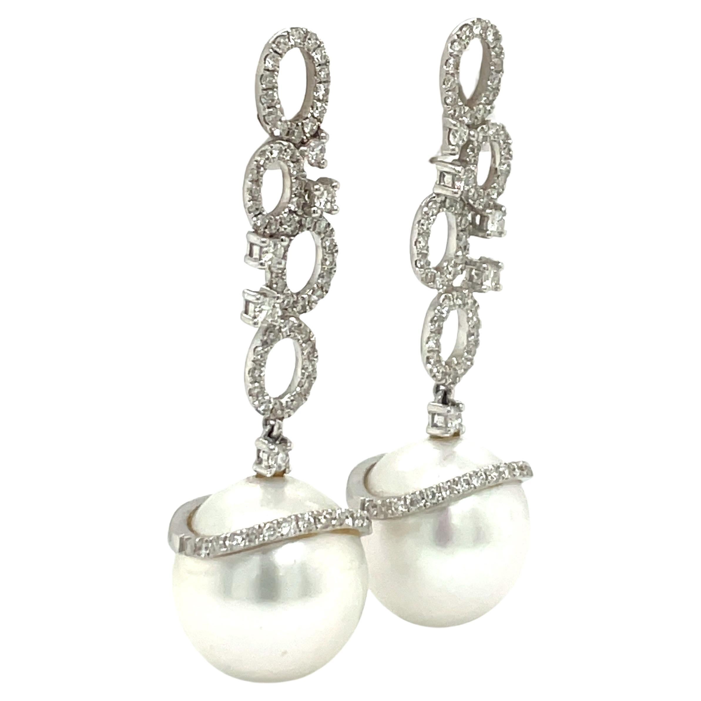 Round Cut South Sea Pearl Diamond Drop Earrings 0.97 Carats 18 Karat White Gold For Sale