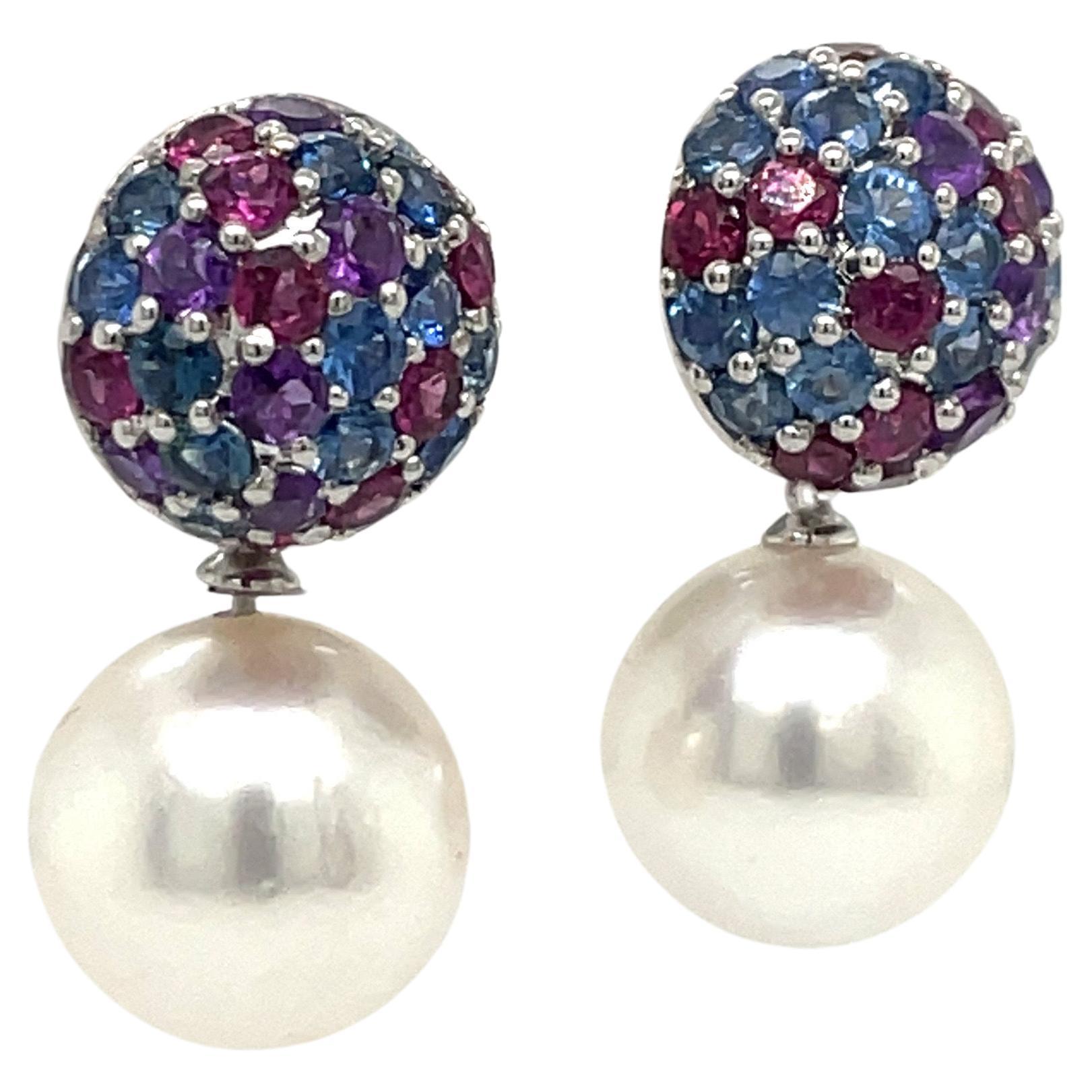 Sapphire Amethyst South Sea Pearl Drop Earrings 5 Carats 18 Karat White Gold In New Condition For Sale In New York, NY