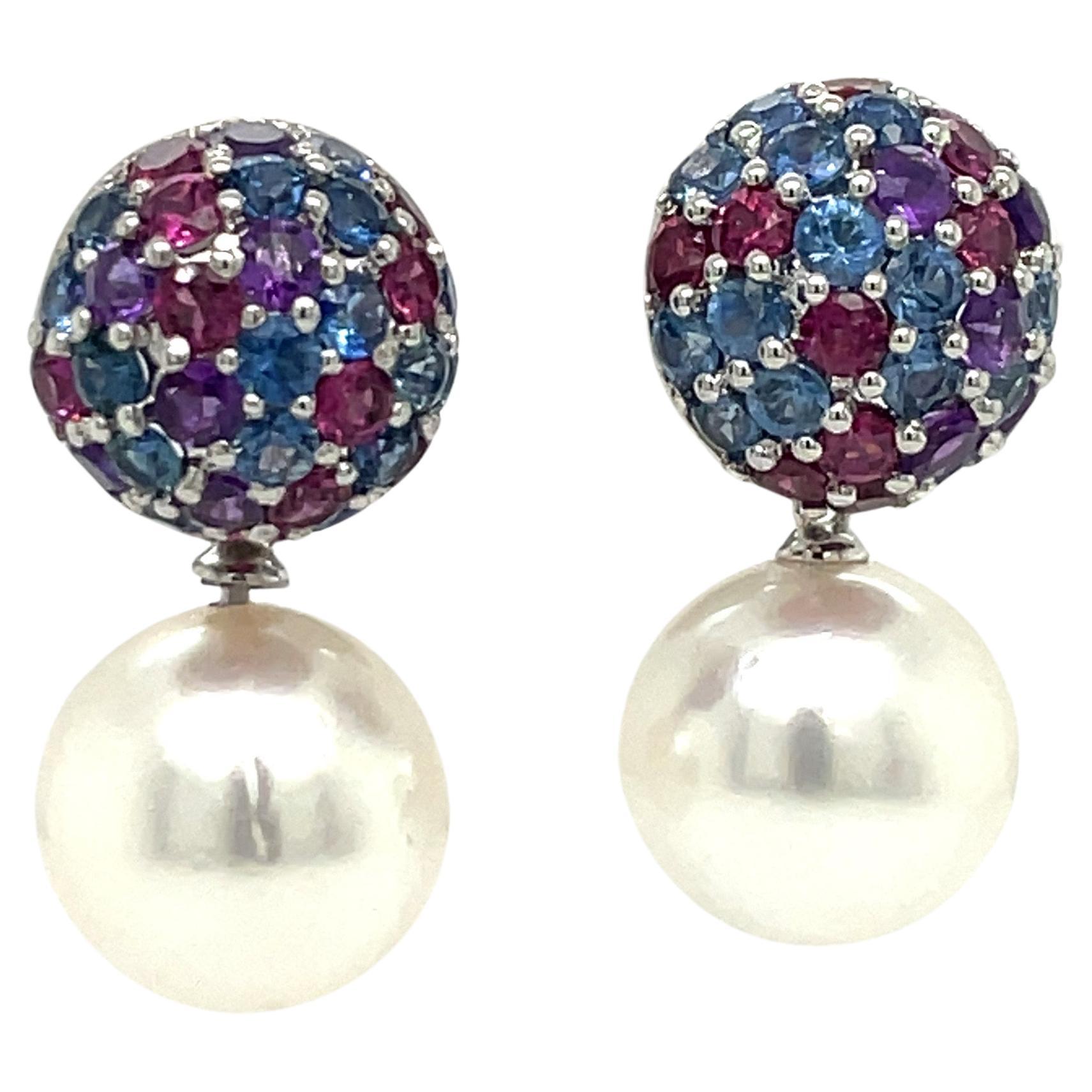 Round Cut Sapphire Amethyst South Sea Pearl Drop Earrings 5 Carats 18 Karat White Gold For Sale