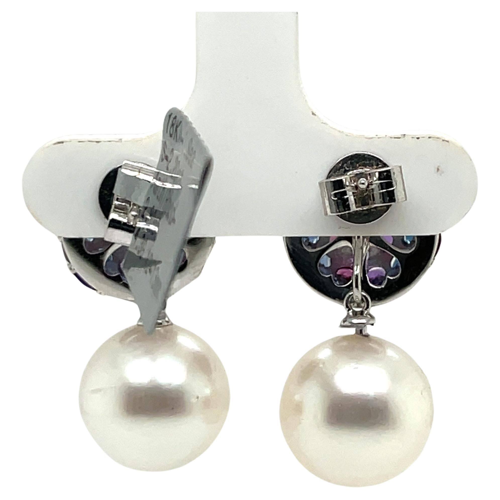 Sapphire Amethyst South Sea Pearl Drop Earrings 5 Carats 18 Karat White Gold For Sale 2