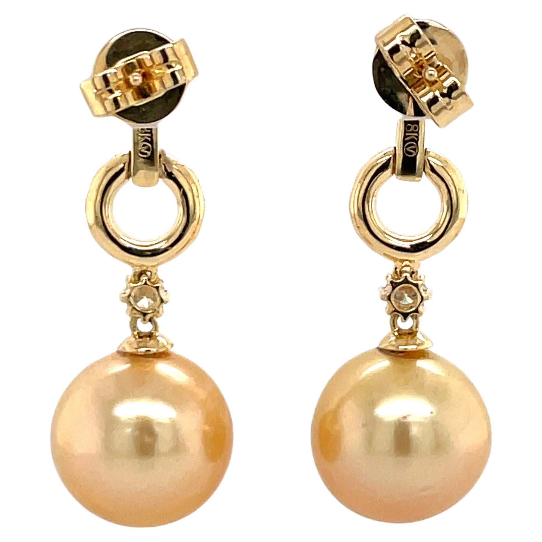 Women's Golden South Sea Pearl Diamond Drop Earrings 0.61 Carats 18 Karat Yellow 11-12M For Sale
