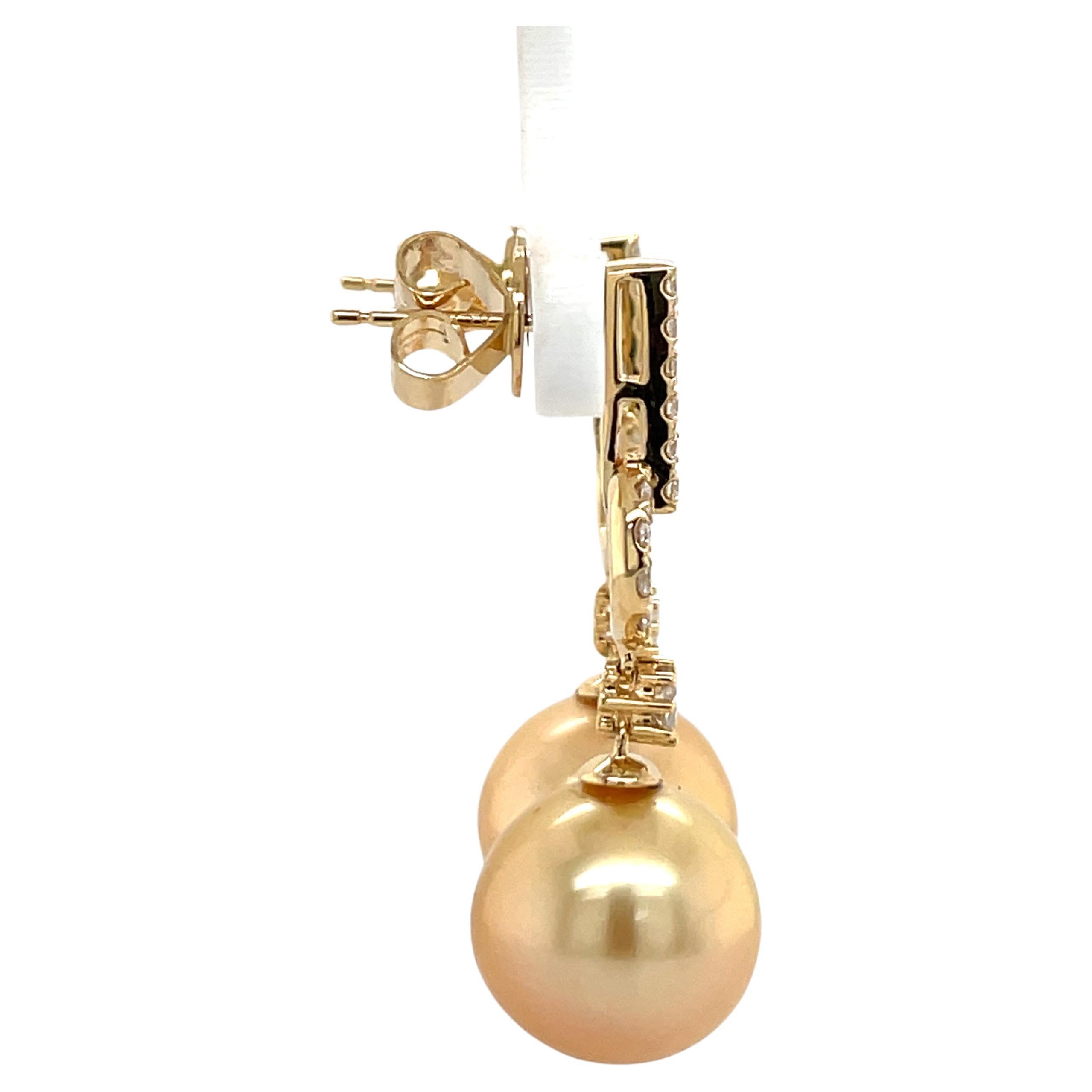Golden South Sea Pearl Diamond Drop Earrings 0.61 Carats 18 Karat Yellow 11-12M In New Condition For Sale In New York, NY