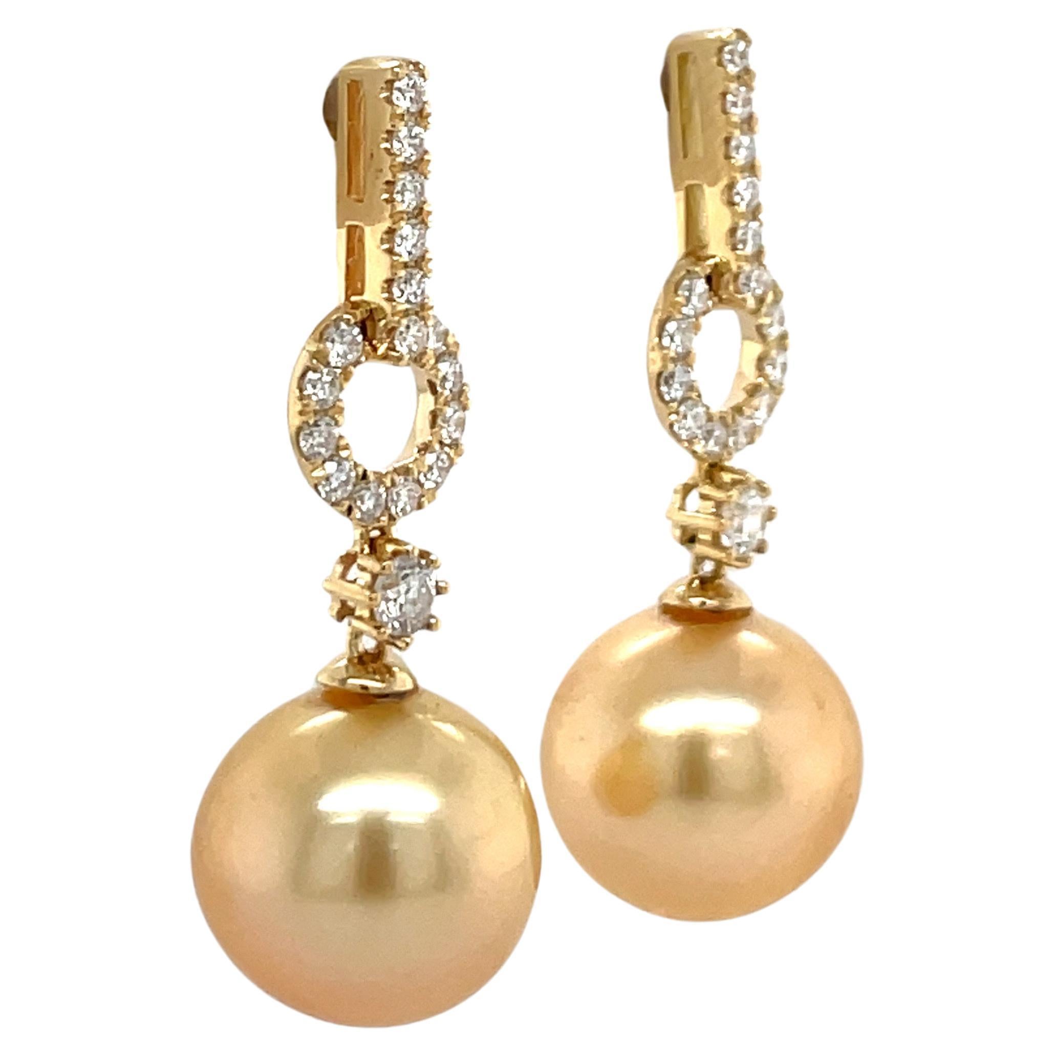 Round Cut Golden South Sea Pearl Diamond Drop Earrings 0.61 Carats 18 Karat Yellow 11-12M For Sale