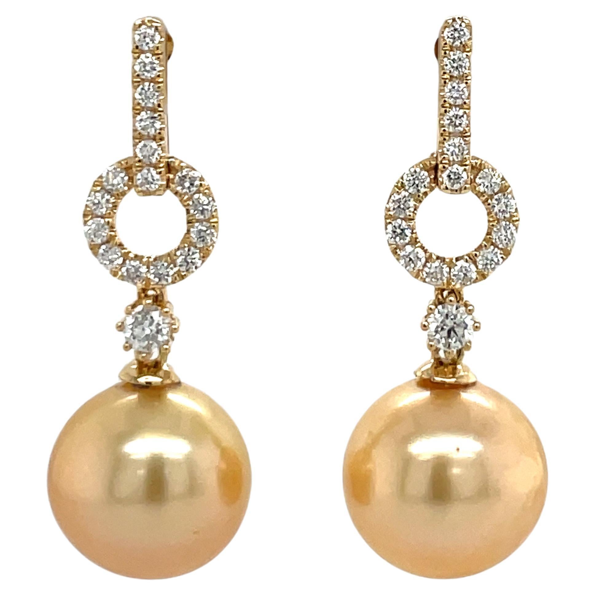 Golden South Sea Pearl Diamond Drop Earrings 0.61 Carats 18 Karat Yellow 11-12M For Sale
