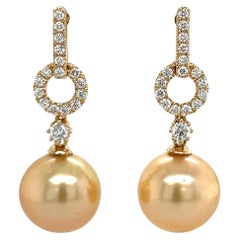 Pendientes dorados de perlas del mar del sur con diamantes 0,61 quilates 18 quilates amarillo 11-12M