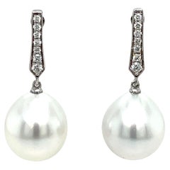 18 Karat White Gold Diamond South Sea Drop Earrings 0.16 Carats