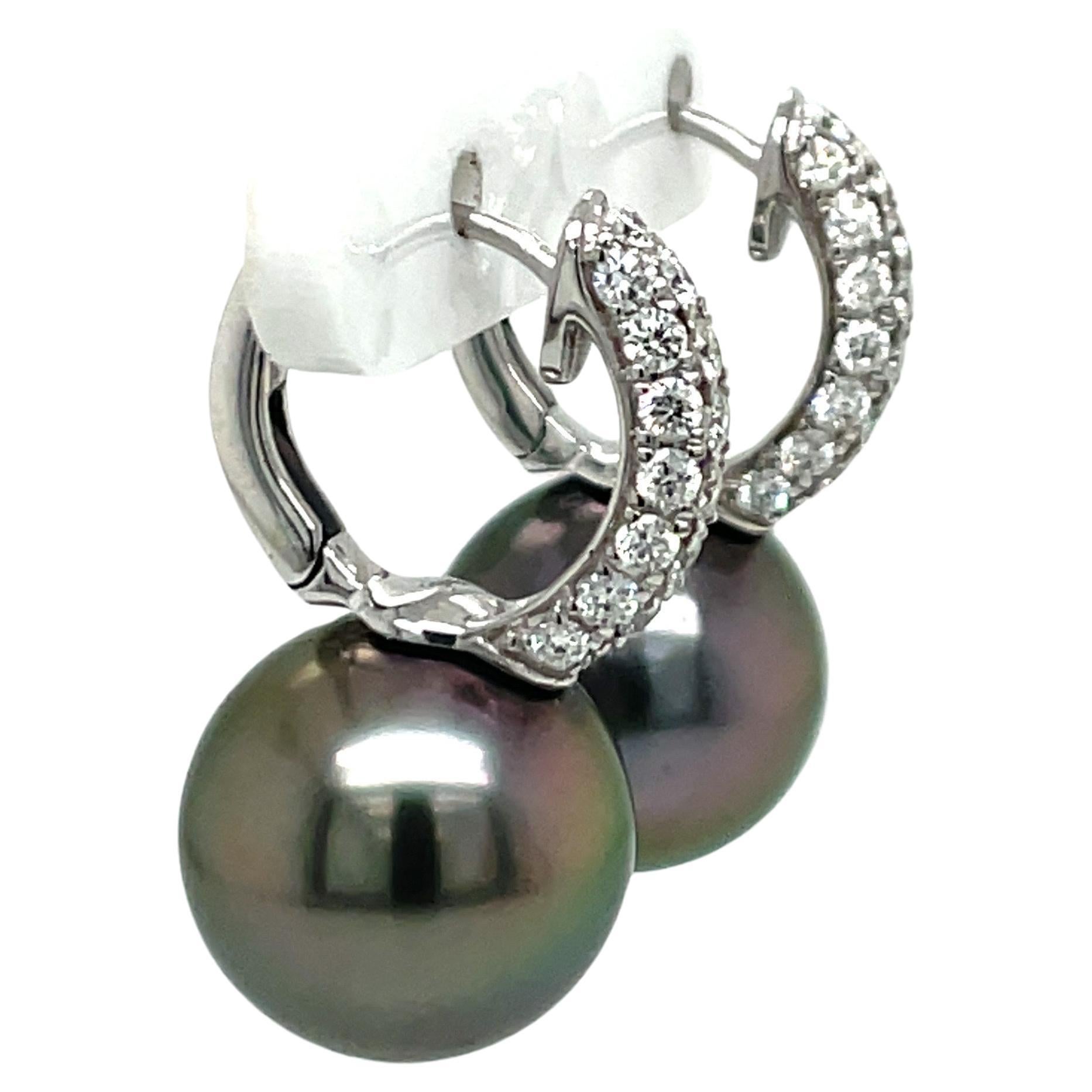 18 Karat White Gold Tahitian Three Row Diamond Drop Hoop Earrings 0.78 Carats For Sale 1
