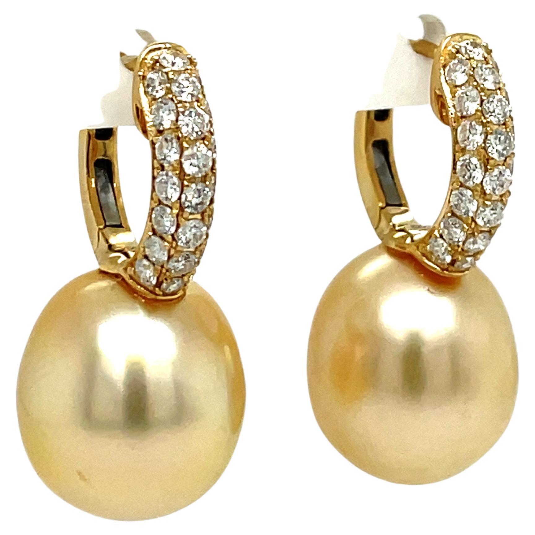Contemporary Golden South Sea Pearl Three Row Diamond Drop Earrings 0.78 Carats 18 Karat Gold For Sale