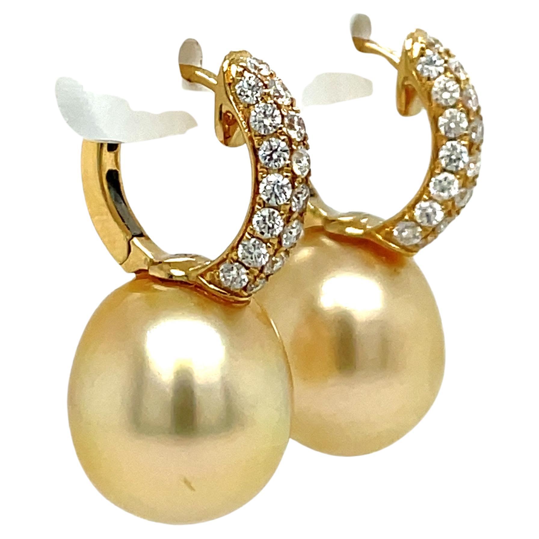Round Cut Golden South Sea Pearl Three Row Diamond Drop Earrings 0.78 Carats 18 Karat Gold For Sale