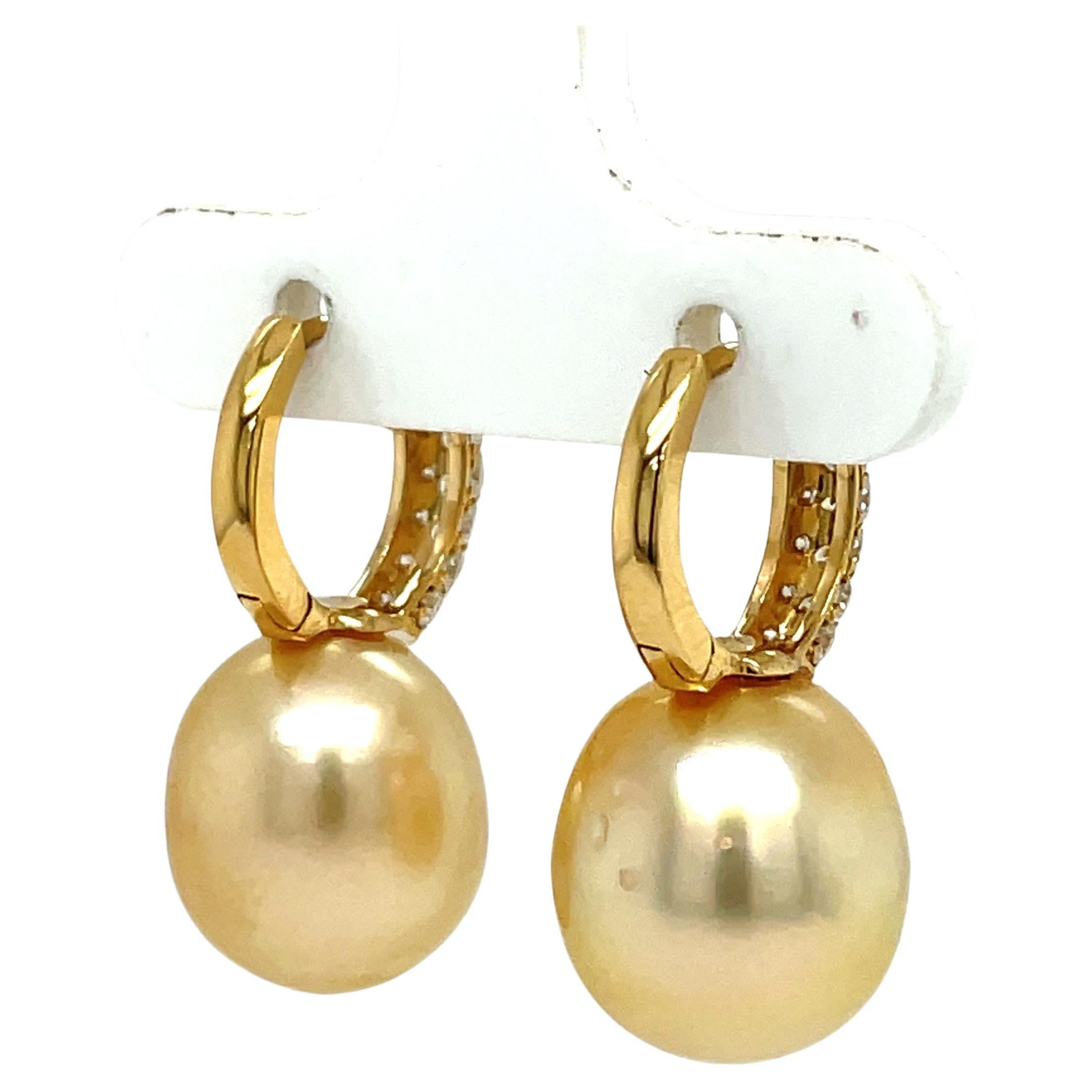 Golden South Sea Pearl Three Row Diamond Drop Earrings 0.78 Carats 18 Karat Gold For Sale 1