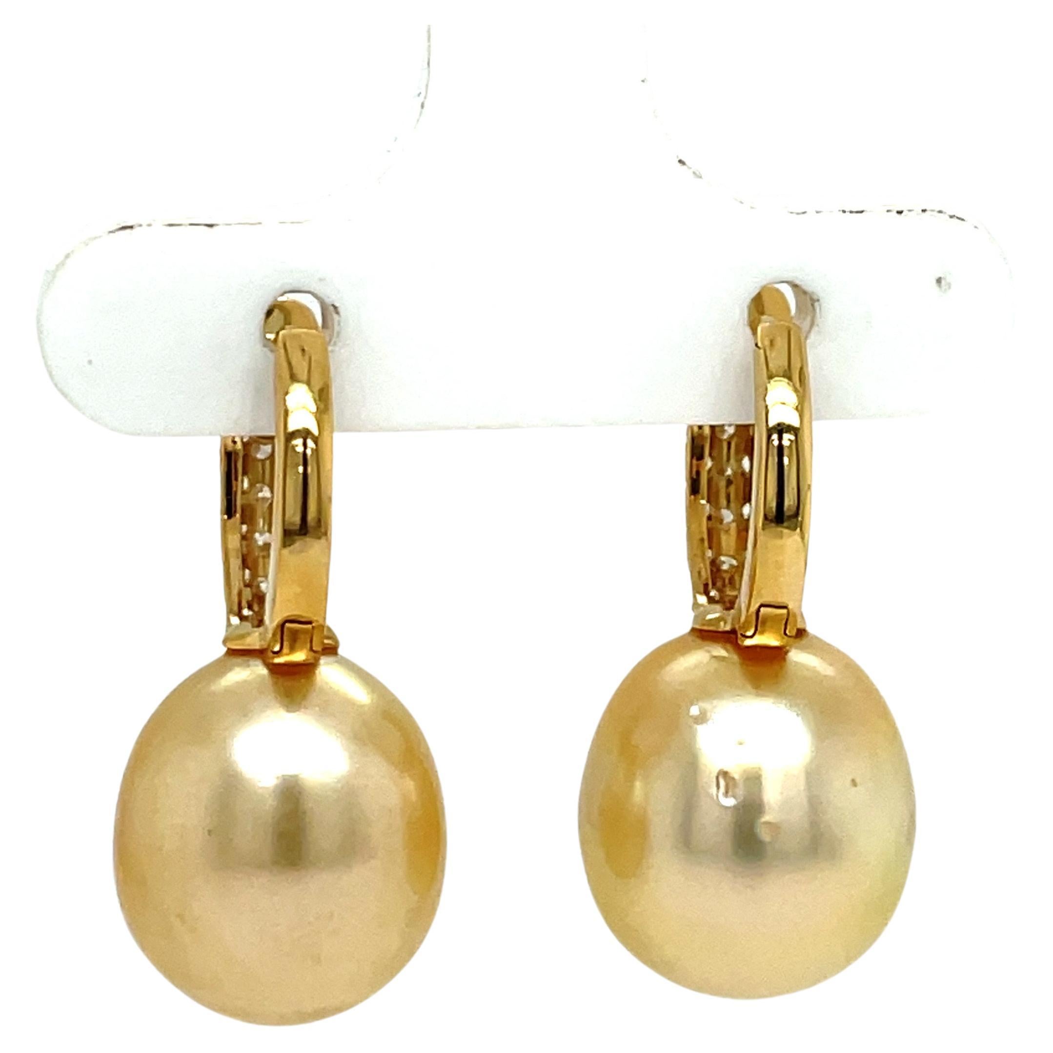 Women's Golden South Sea Pearl Three Row Diamond Drop Earrings 0.78 Carats 18 Karat Gold For Sale