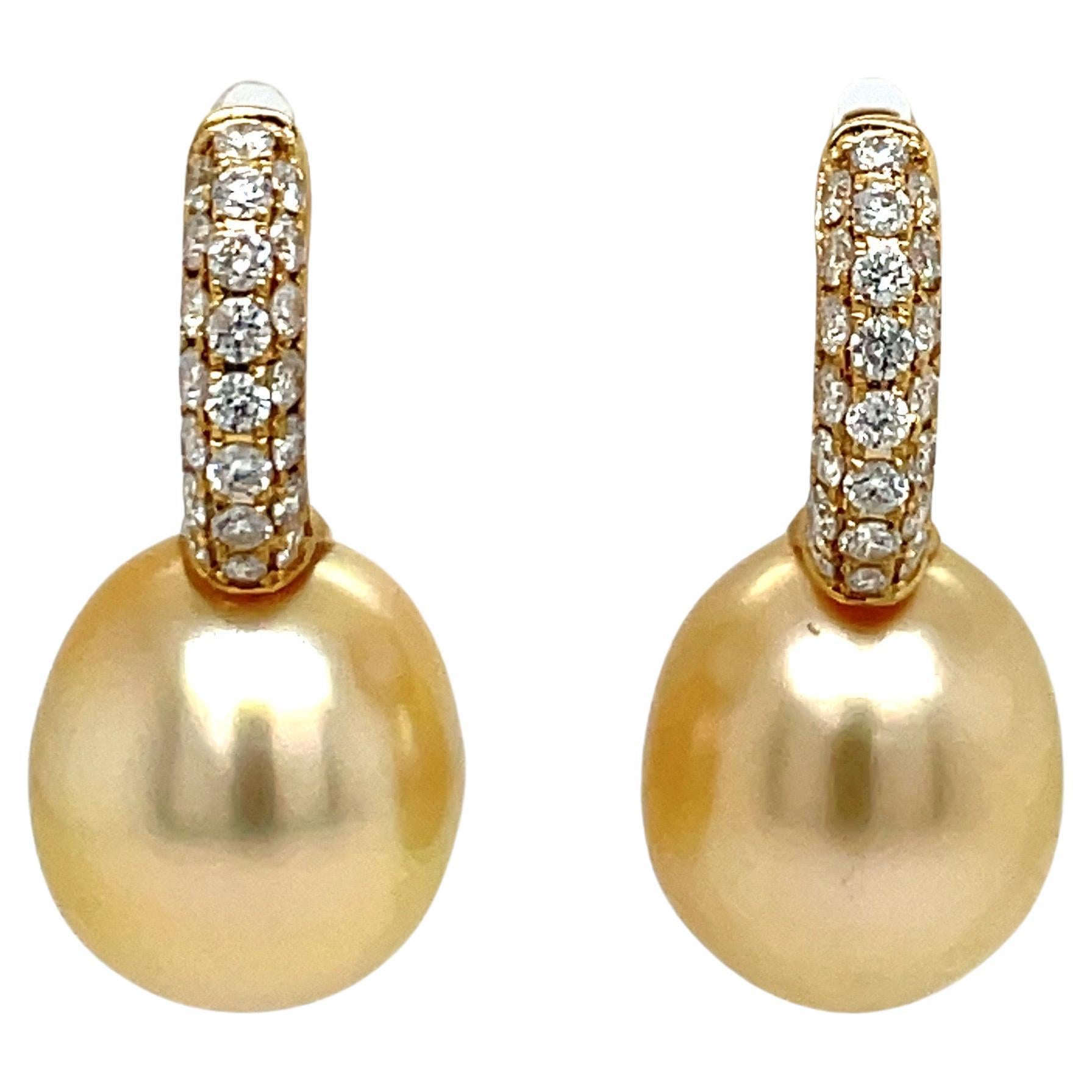 Golden South Sea Pearl Three Row Diamond Drop Earrings 0.78 Carats 18 Karat Gold For Sale