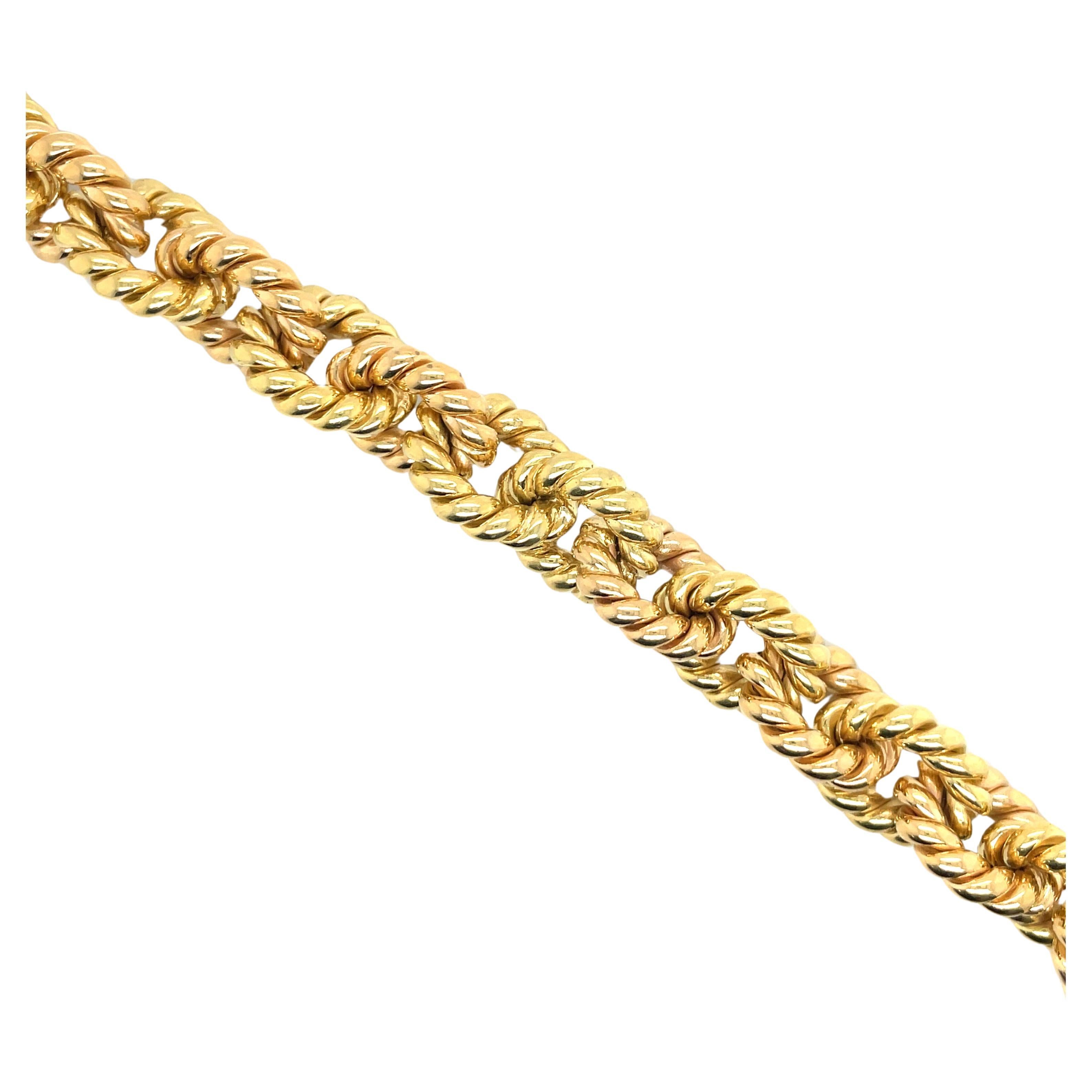 Women's Two Tone Alternating 18 Karat Yellow & Rose Gold Twist Link Bracelet 68 Grams For Sale