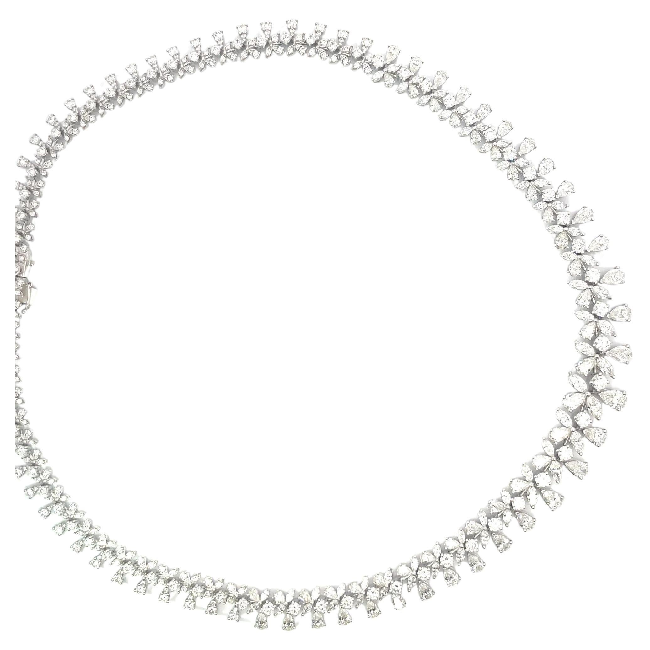 Pear Cut Diamond Floral Cluster Drop Necklace 26.19 Carats 18 Karat White Gold F-G VS2 For Sale
