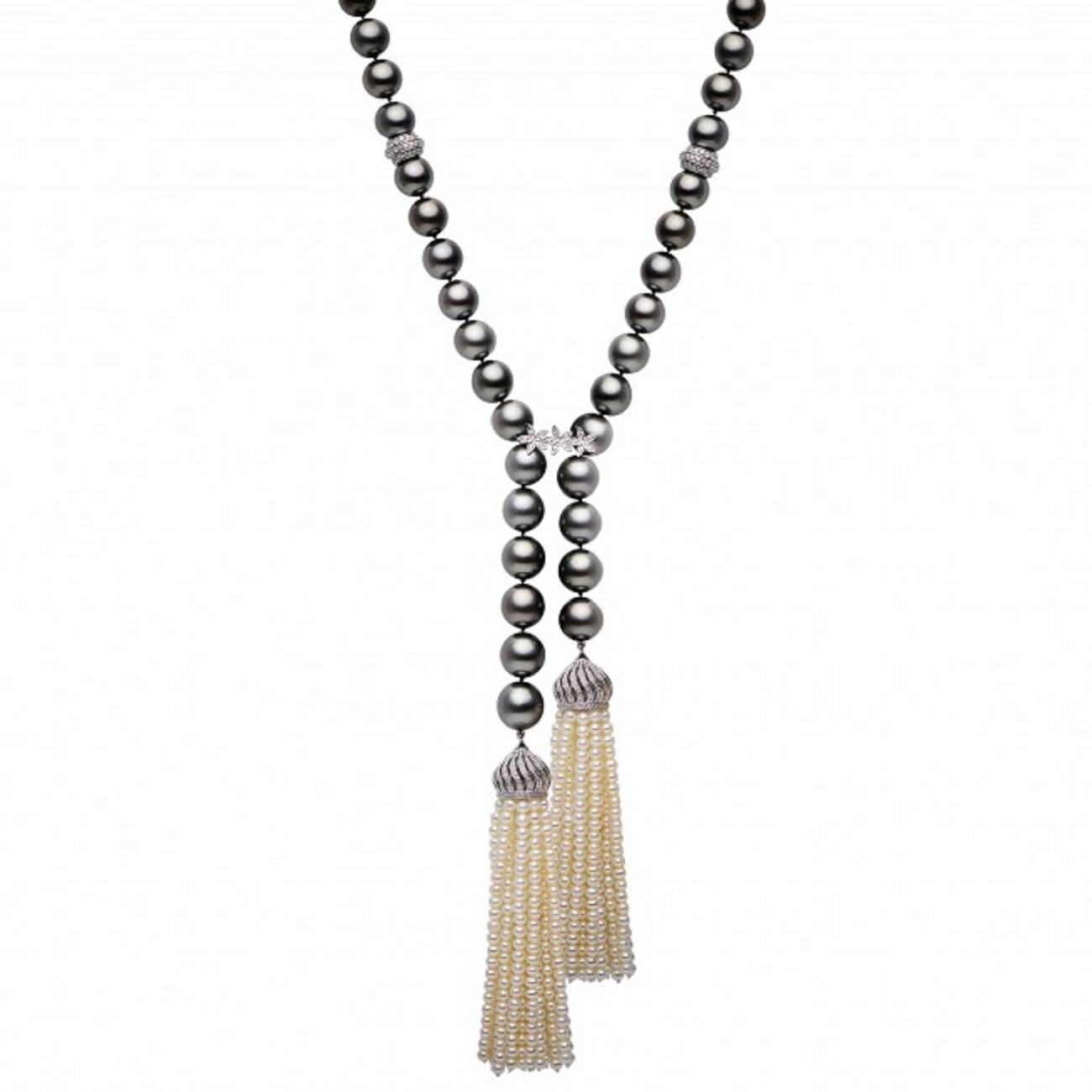 Contemporary Tahitian Cultured Pearl Diamonds Tassel Necklace