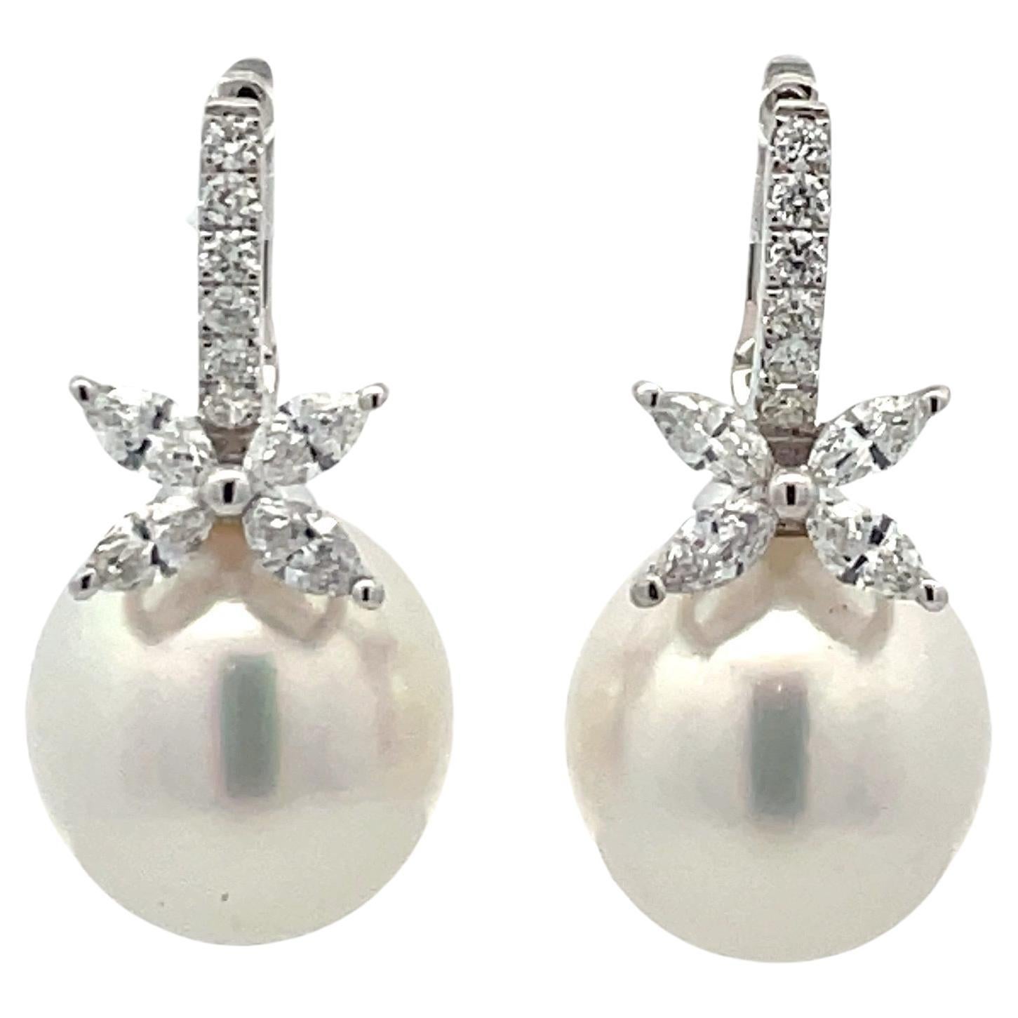 Diamond Floral South Sea Pearl Earrings 0.96 Carats 18 Karat White Gold 13-14 MM For Sale