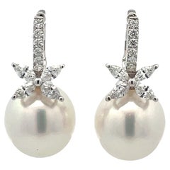 Diamond Floral South Sea Pearl Earrings 0.96 Carats 18 Karat White Gold 13-14 MM
