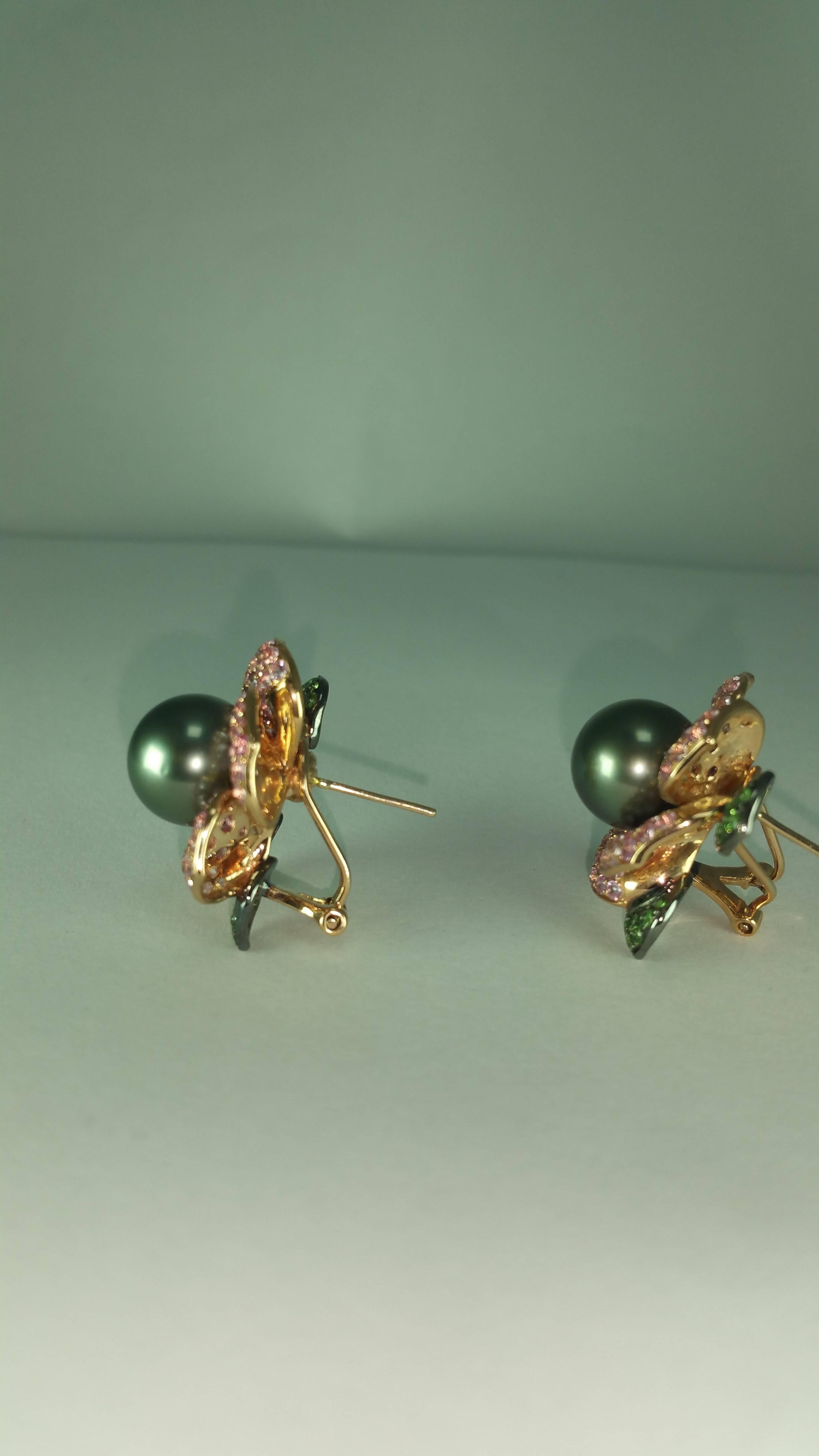 Pink Sapphire Green Garnet Tahitian Pearl Gold Earrings  In New Condition In New York, NY