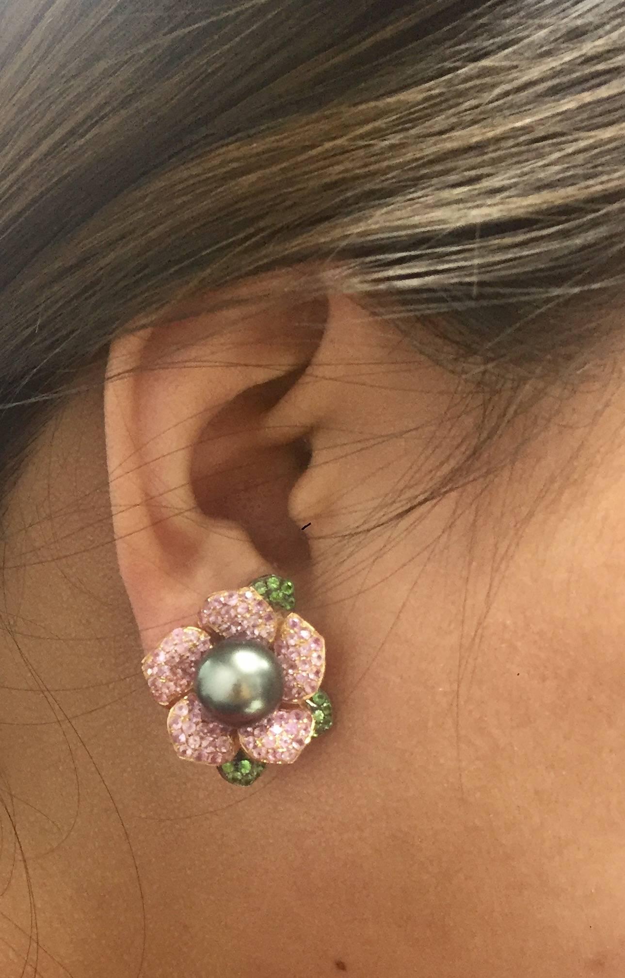 Women's Pink Sapphire Green Garnet Tahitian Pearl Gold Earrings 