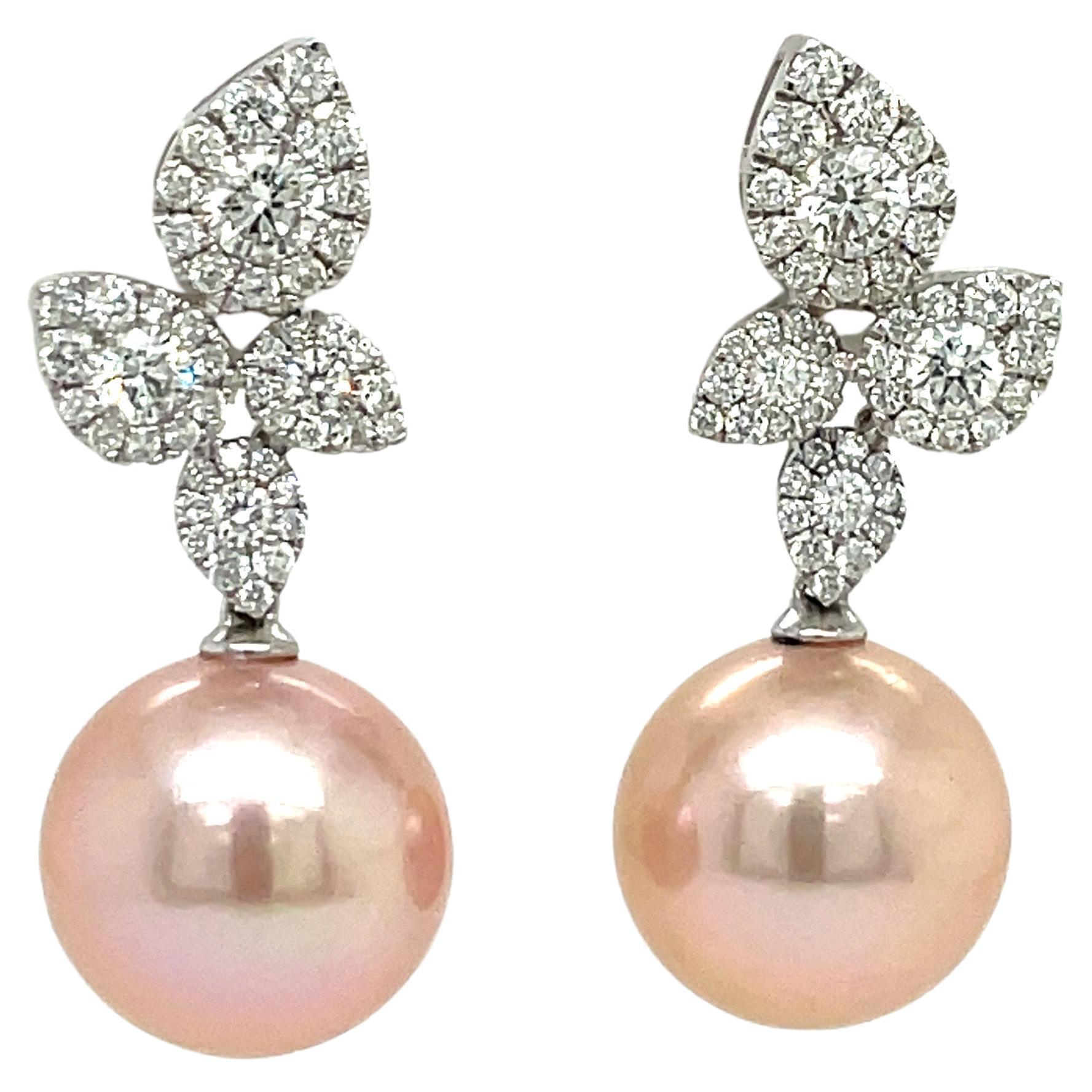 Pink Freshwater Pearl Diamond Cluster Leaf Earrings 1.05 Carat 11-12MM 18KT For Sale