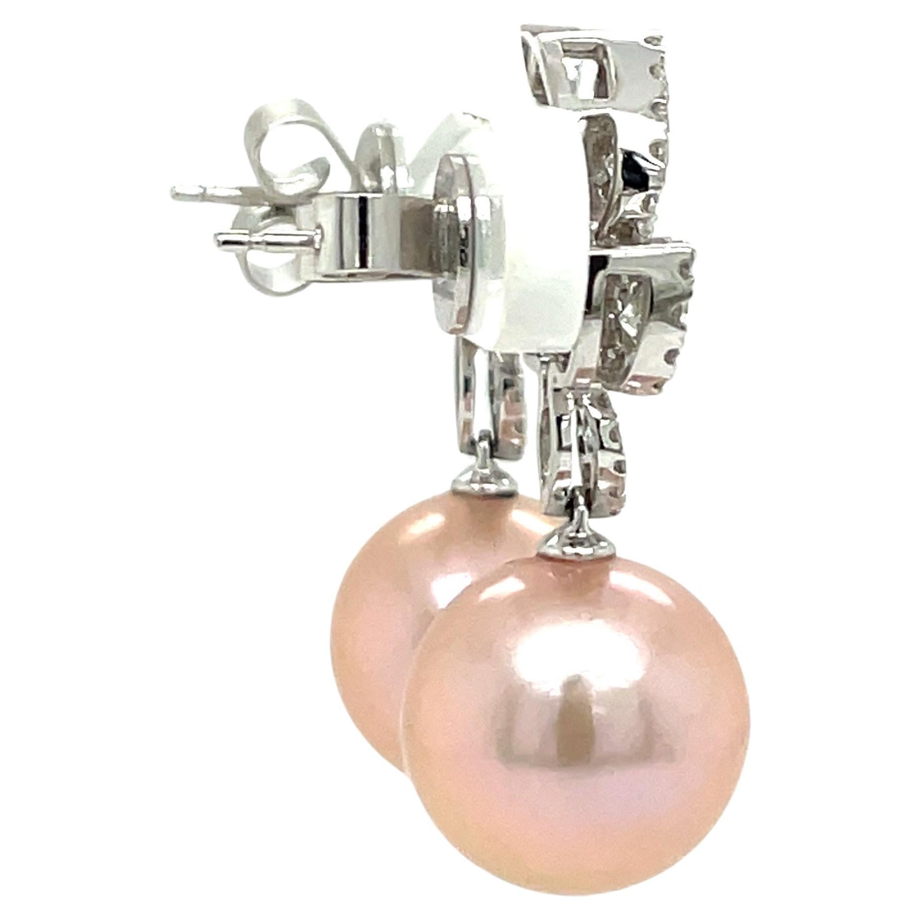 Pink Freshwater Pearl Diamond Cluster Leaf Earrings 1.05 Carat 11-12MM 18KT In New Condition For Sale In New York, NY