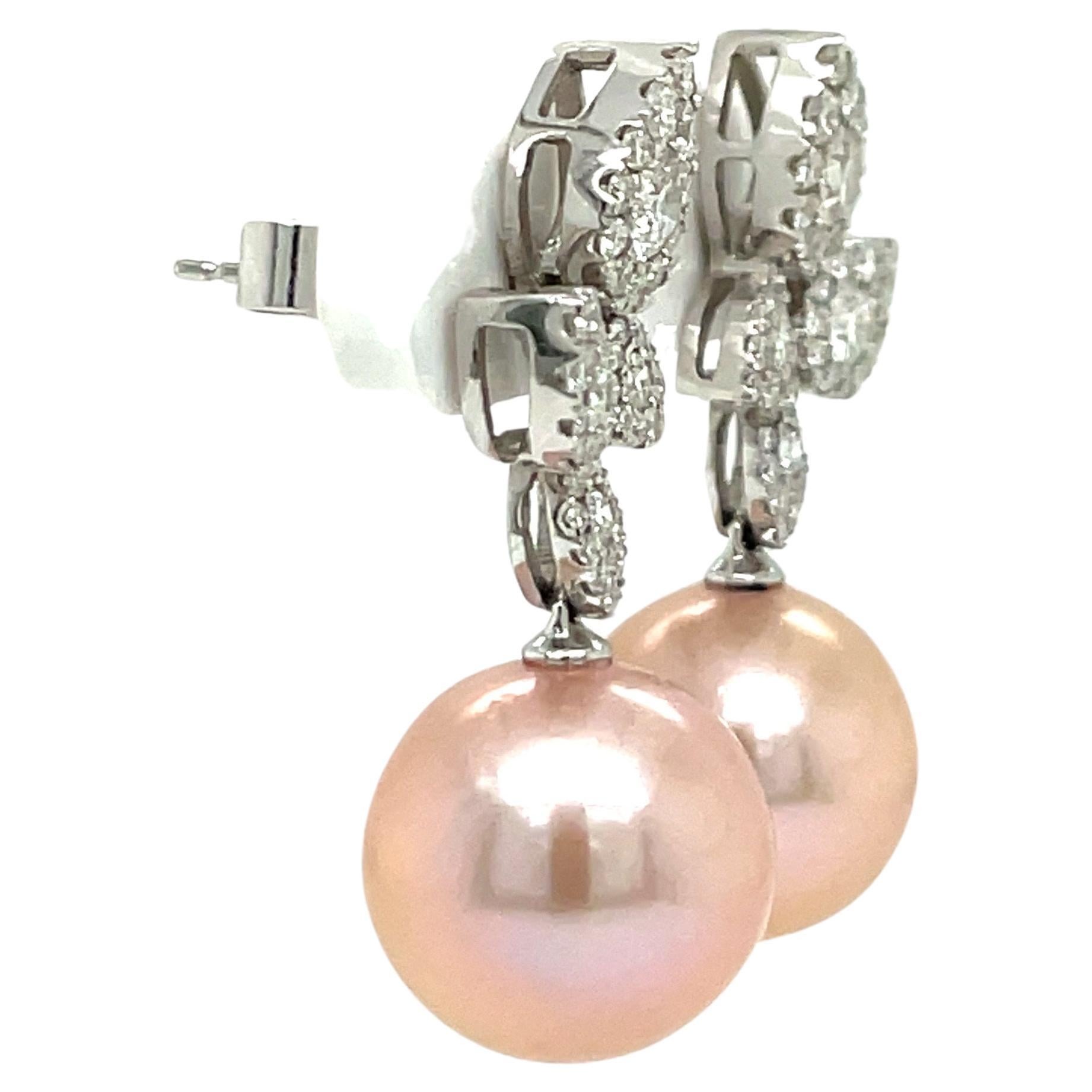 Round Cut Pink Freshwater Pearl Diamond Cluster Leaf Earrings 1.05 Carat 11-12MM 18KT For Sale